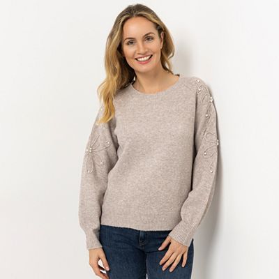 B-Ware VIA MILANO Pullover, 1/1-Arm Rundhalsausschnitt Perlen-Details