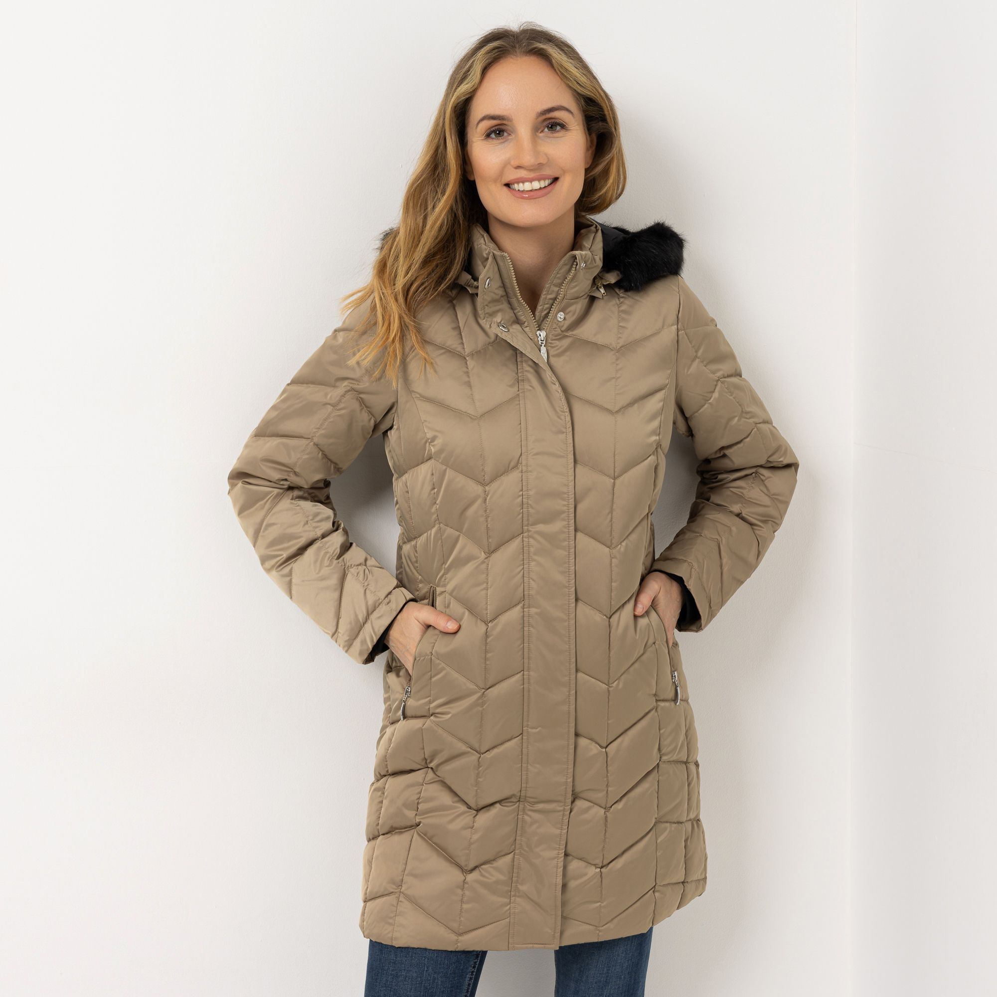 B-Ware VIA MILANO Steppmantel Stehkragen Kapuze mit Kunstfell