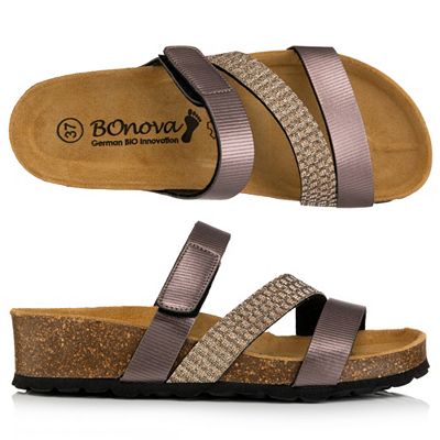 B-Ware BONOVA Damen-Pantolette Perlato-Glitzer Optik Klettverschluss