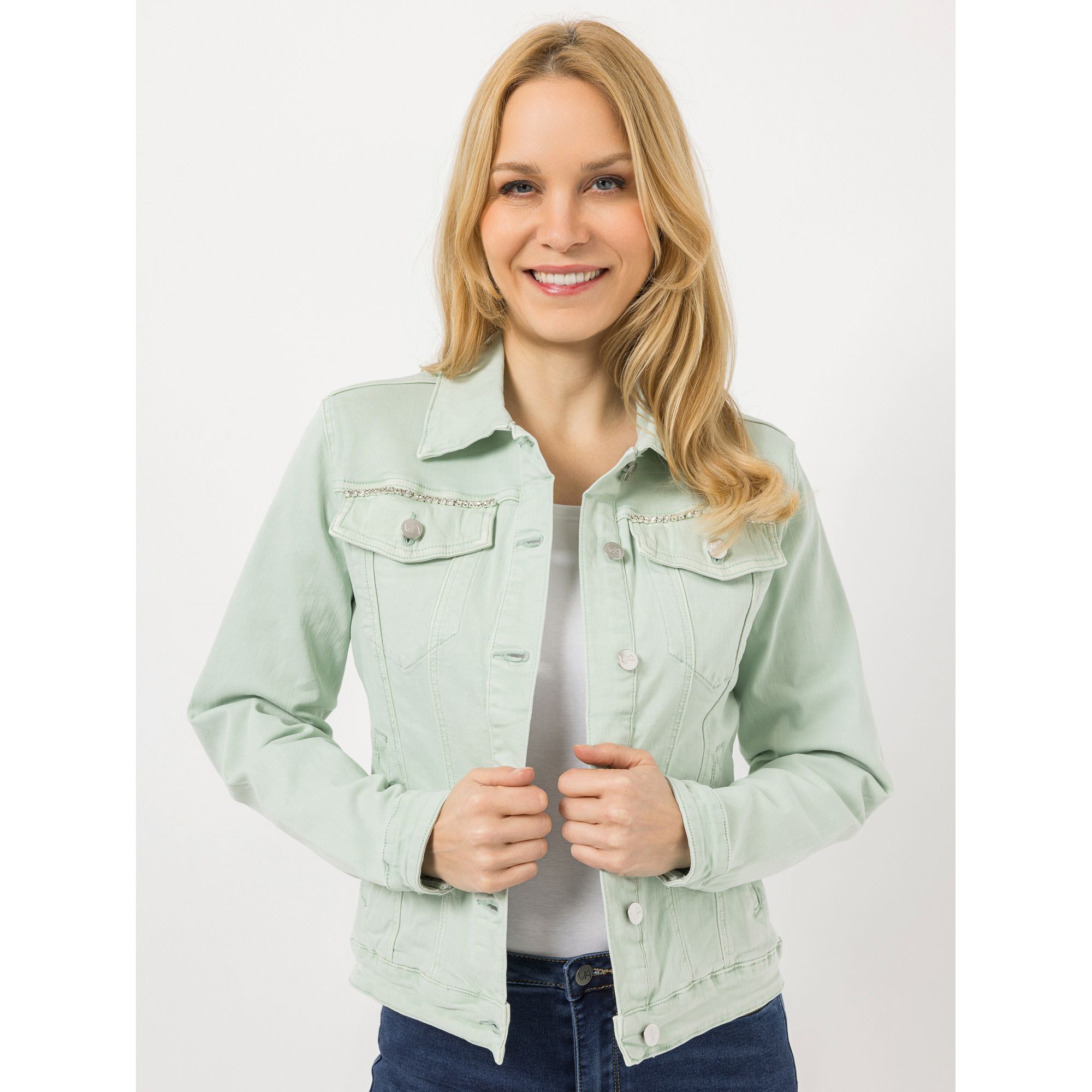 B-Ware VIA MILANO Jeansjacke. 1/1-Arm Knopfleiste Strass-Details
