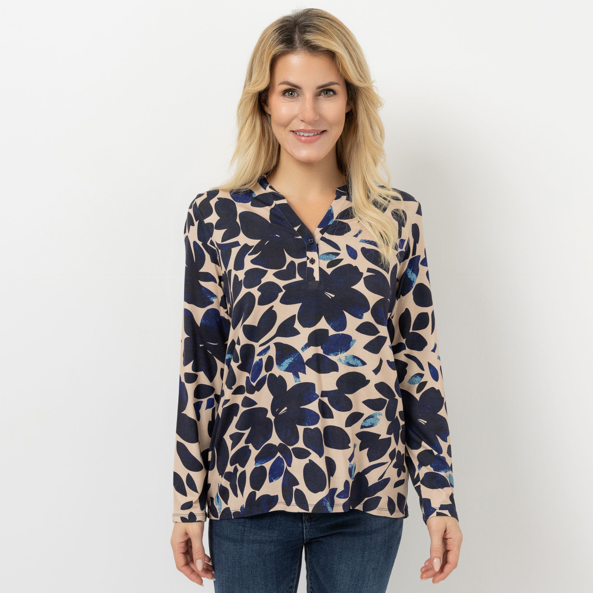 B-Ware DENIM & CO. Jerseybluse, 1/1-Arm Serafinoausschnitt Knopfleiste