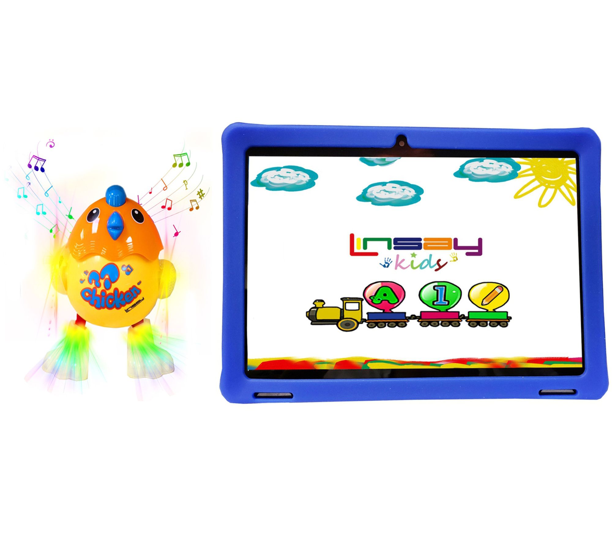 LINSAY 10.1" 32GB IPS Tablet w/ Kids Case & Chi ken Toy