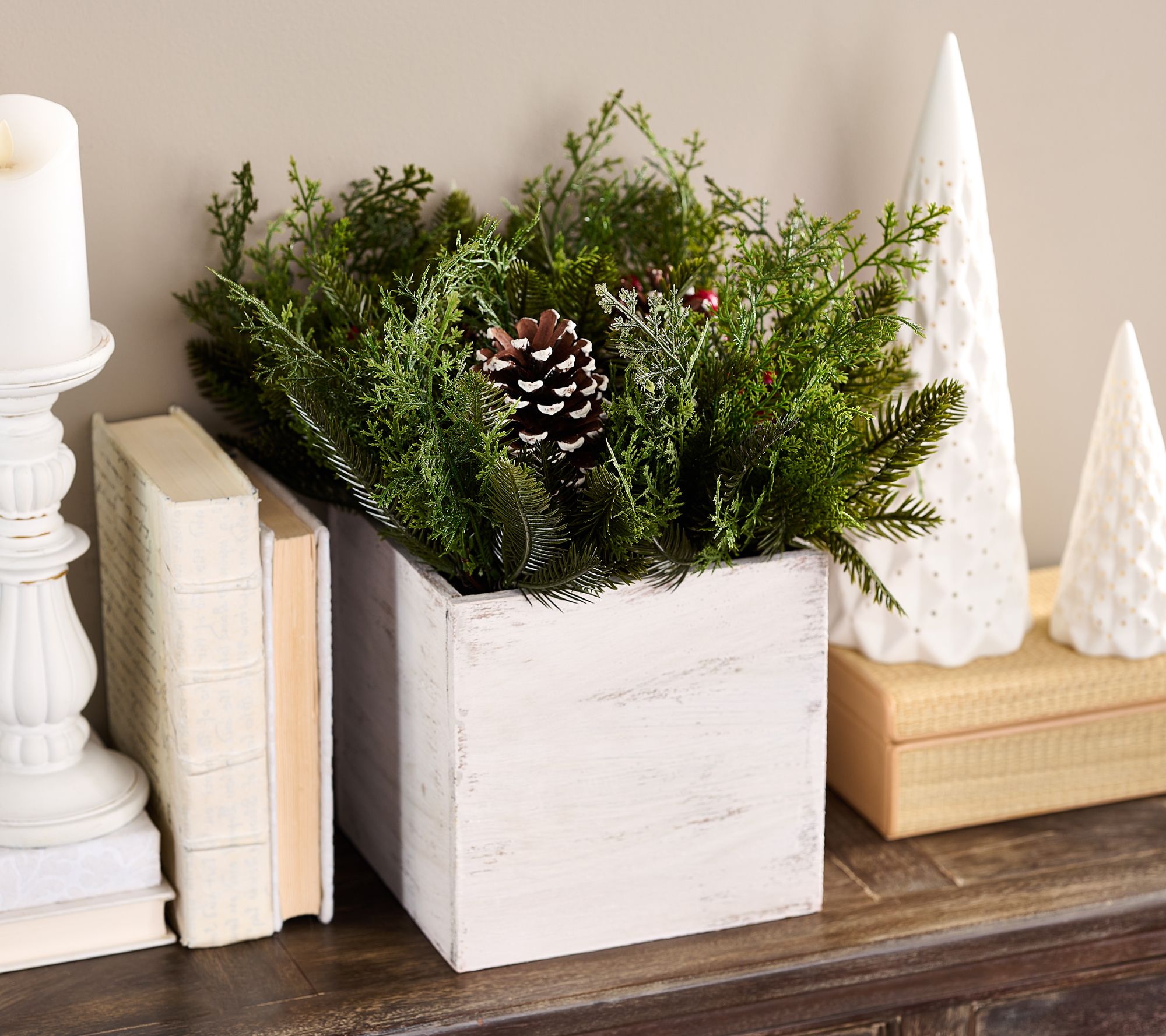 Wicker Park Square 14" Pinecone Greenery Box w/ Driftwood Base