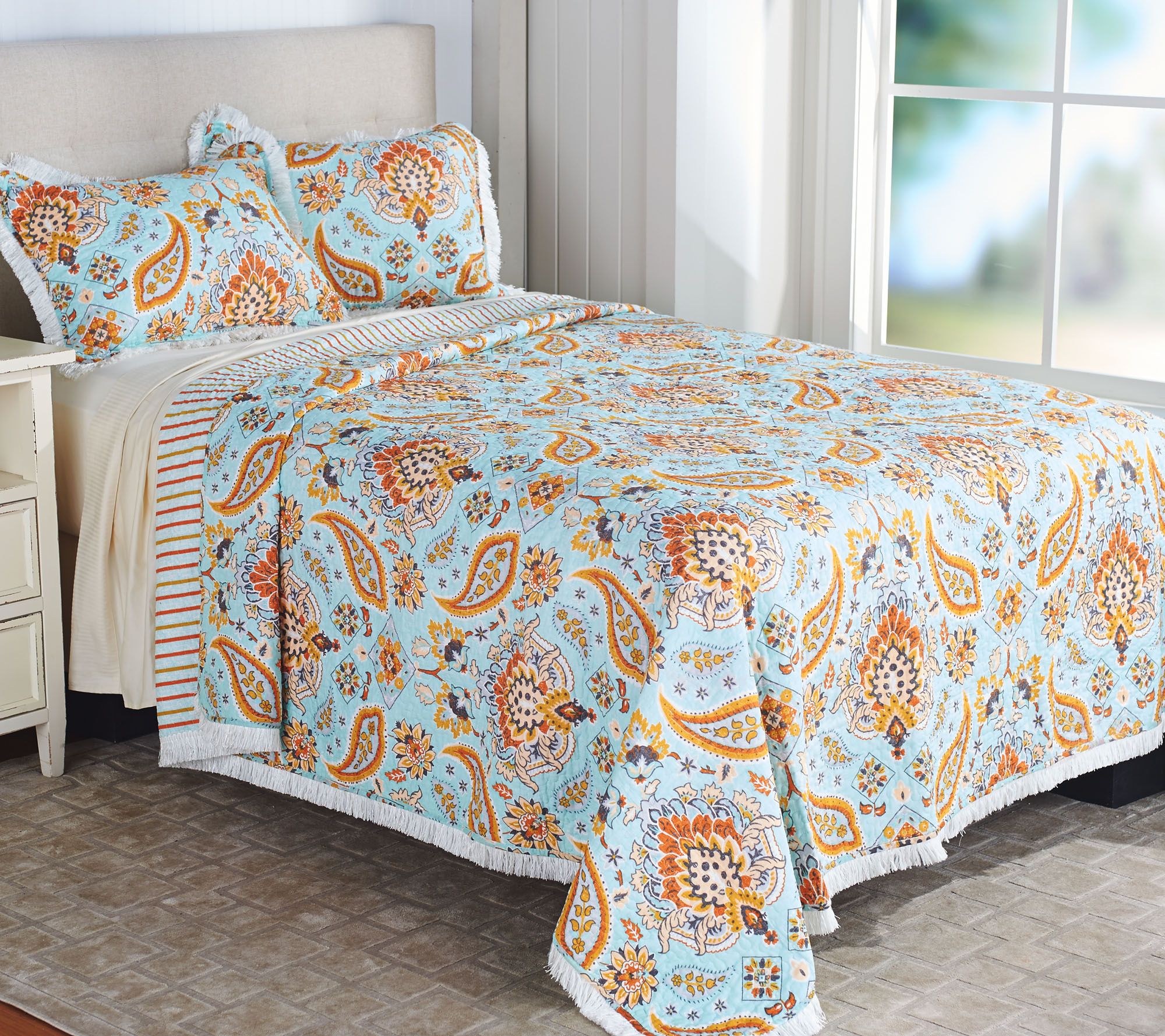 100% Cotton Full/Queen Quilt w. Fringe and Shams — QVC.com