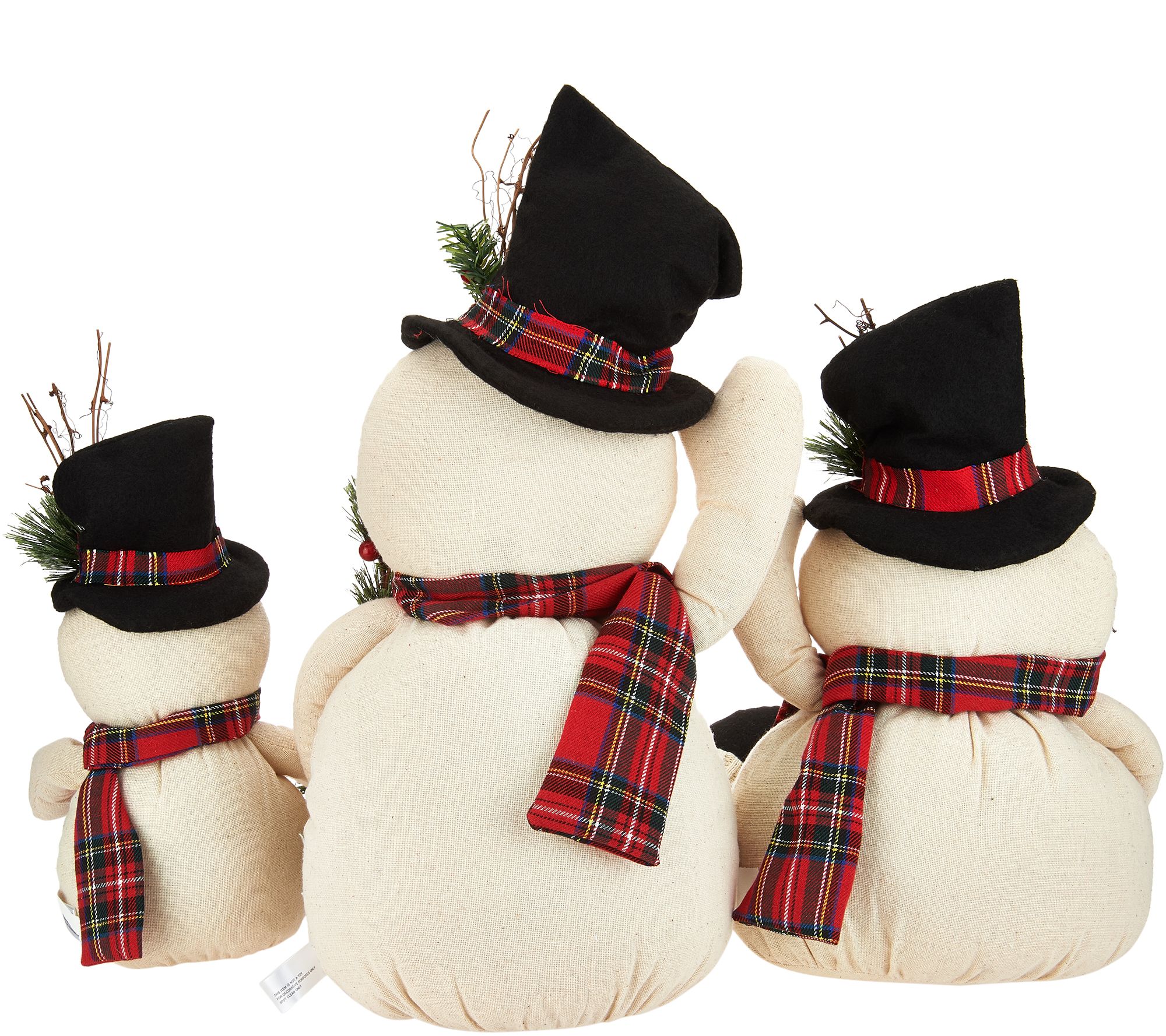 Set of 3 Linen Snowmen w/ Felt Details & Plaid Scarves by Valerie Page 1 —