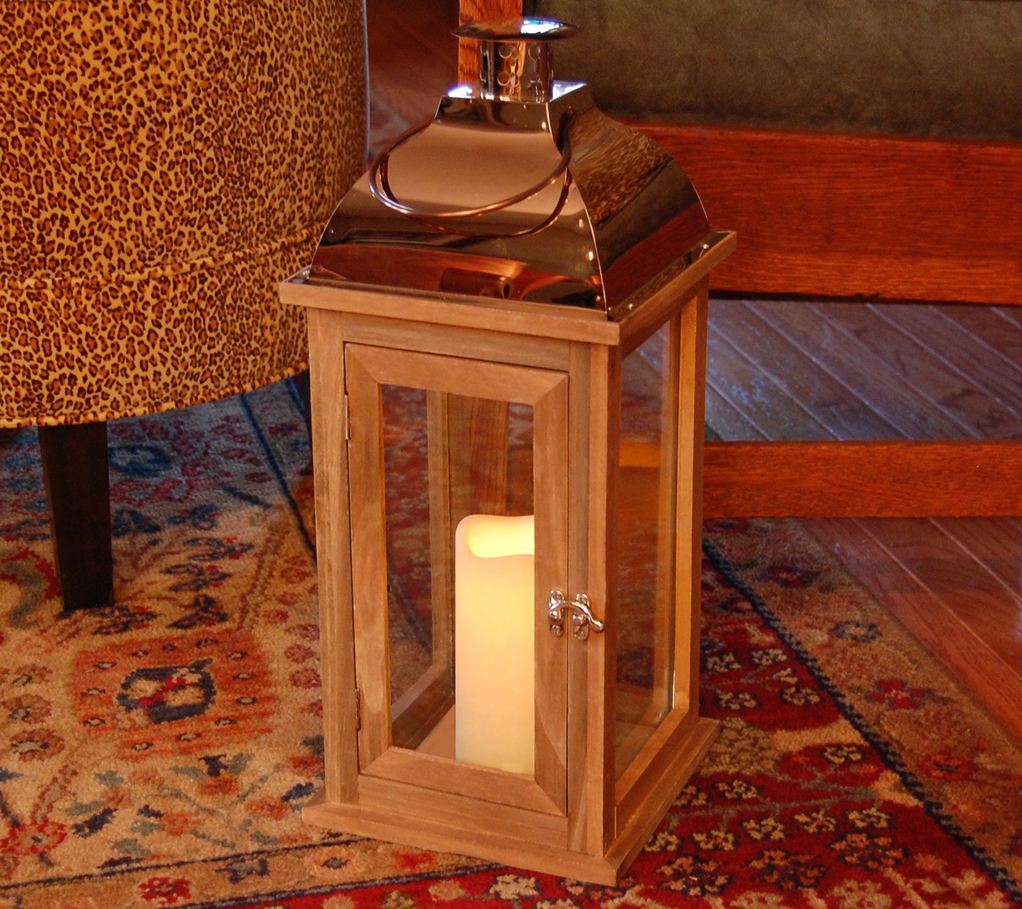LumaBase Brown Wood & Copper Lantern with Flameless Candle