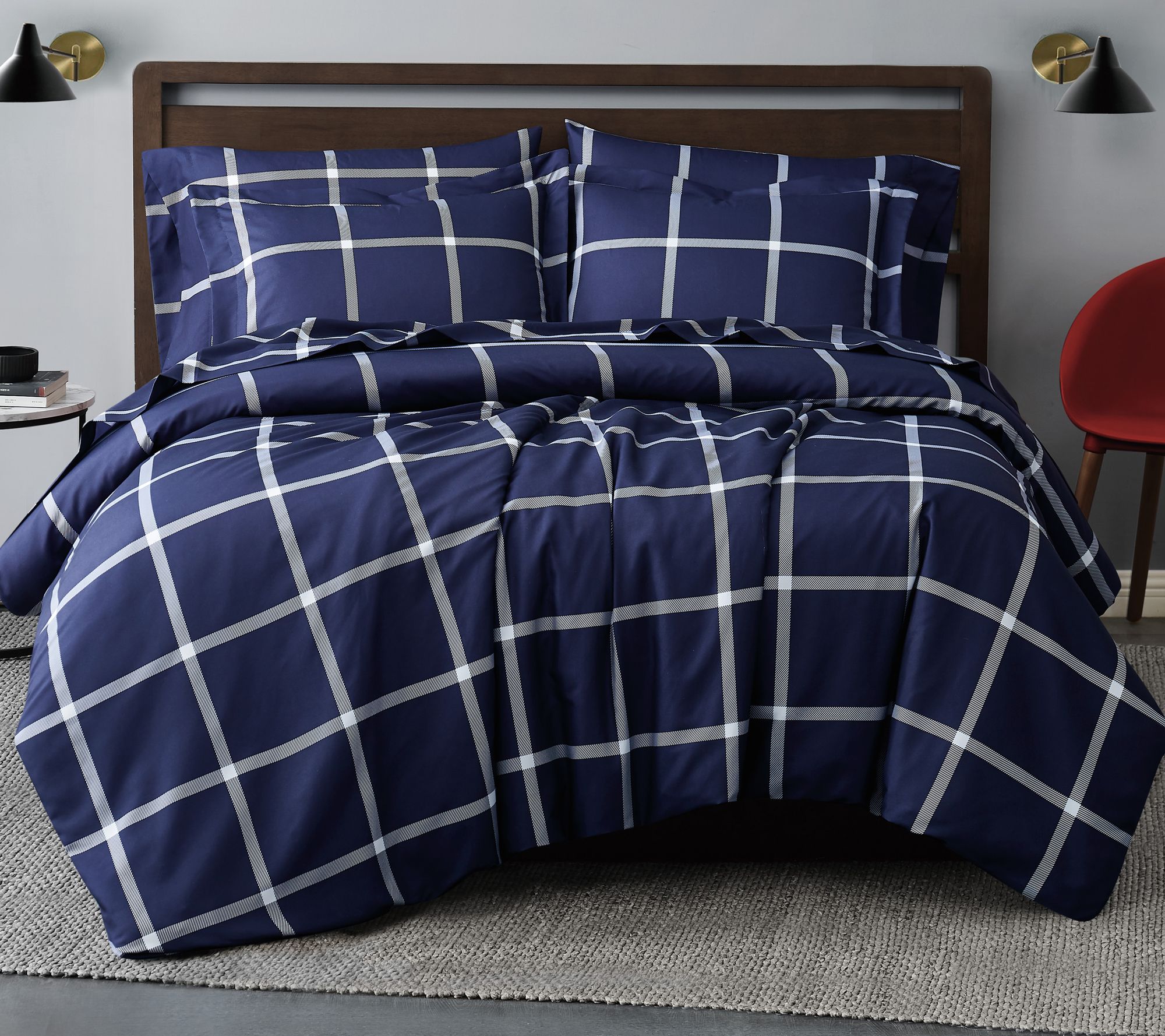 Truly Soft Printed Windowpane 3-Piece Comforter Set - King - Navy/White
