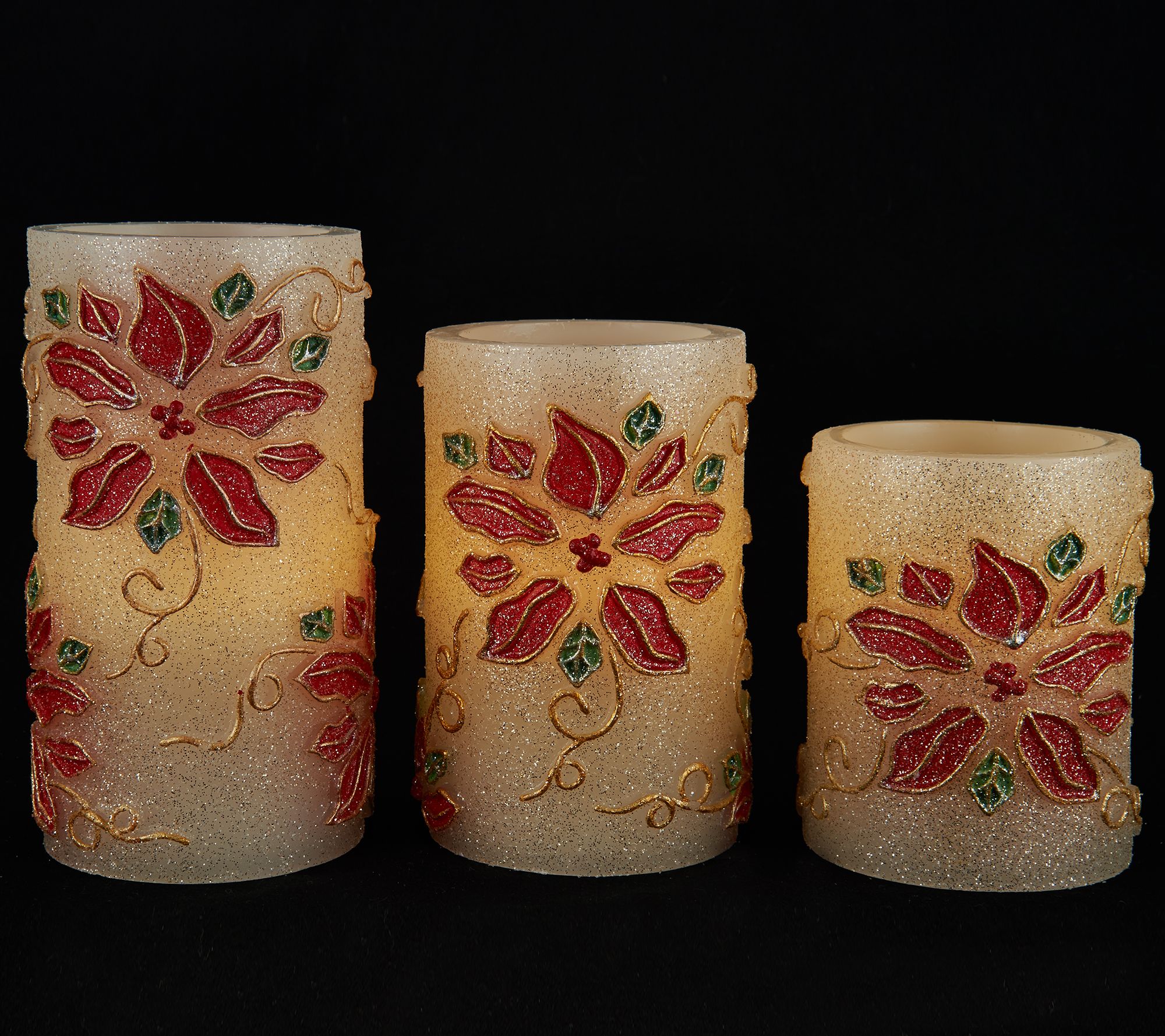 S/3 Poinsettia Embossed Flameless Candles by Valerie Page 1 —