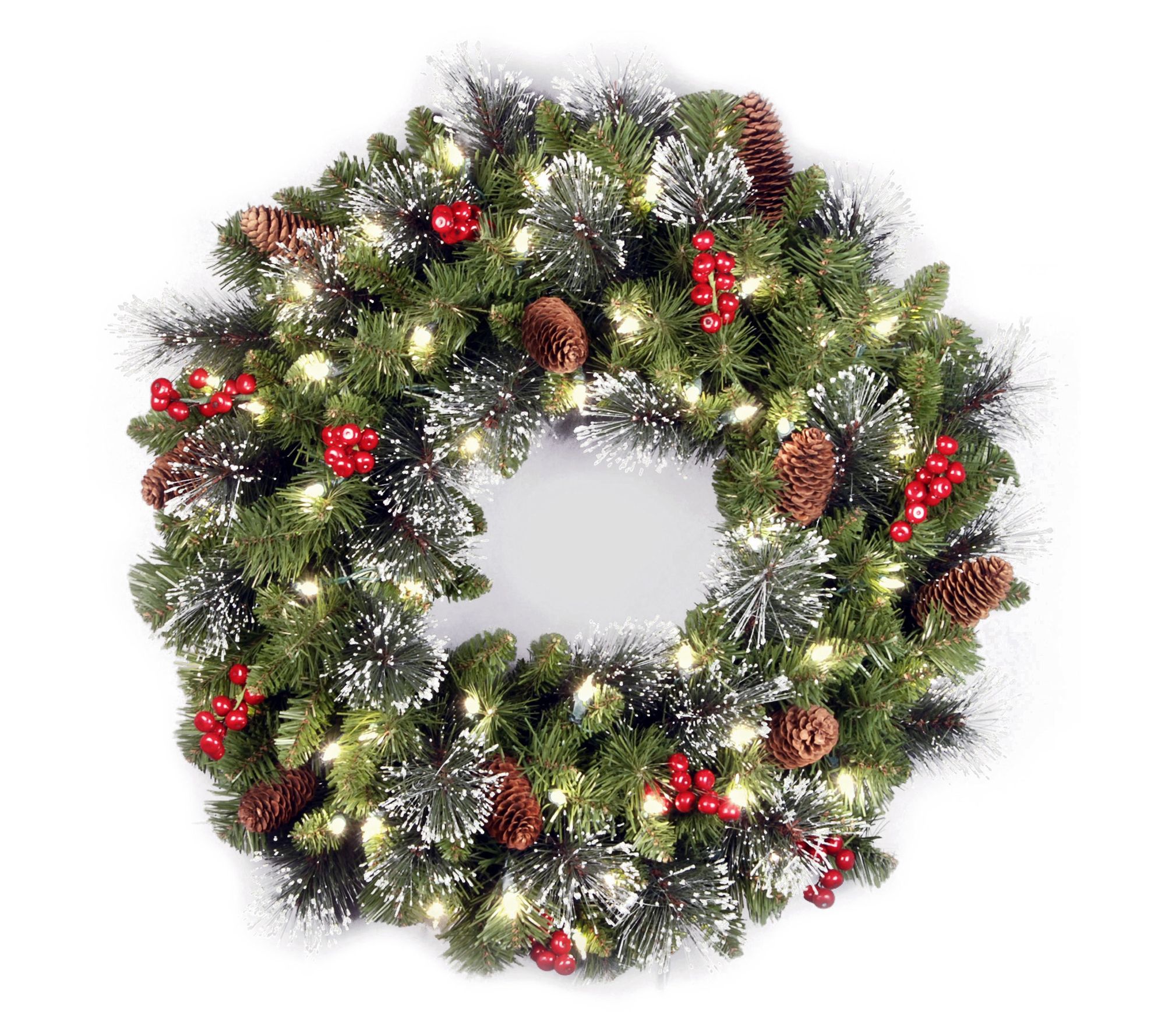 National Tree Company 24" Crestwood Spruce Wreath With Silver Bristle, Pine Cones, Berries, Glitter & 50 Led Lights