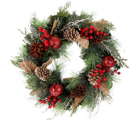 Pine & Cedar with Berries & Bells Wreath by Valerie — QVC.com