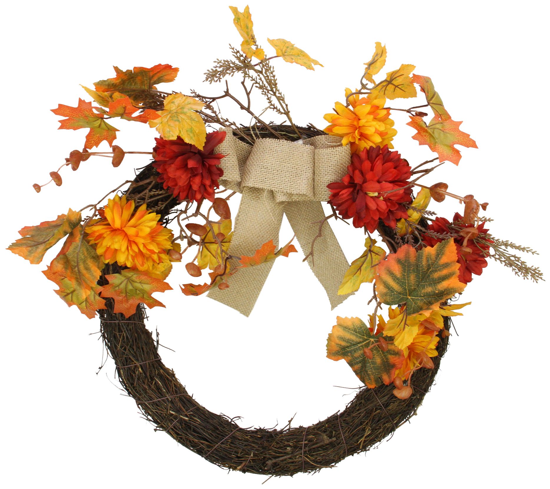 Northlight Fall Leaf and Mum Flower Thanksgivin g Twig Wreath