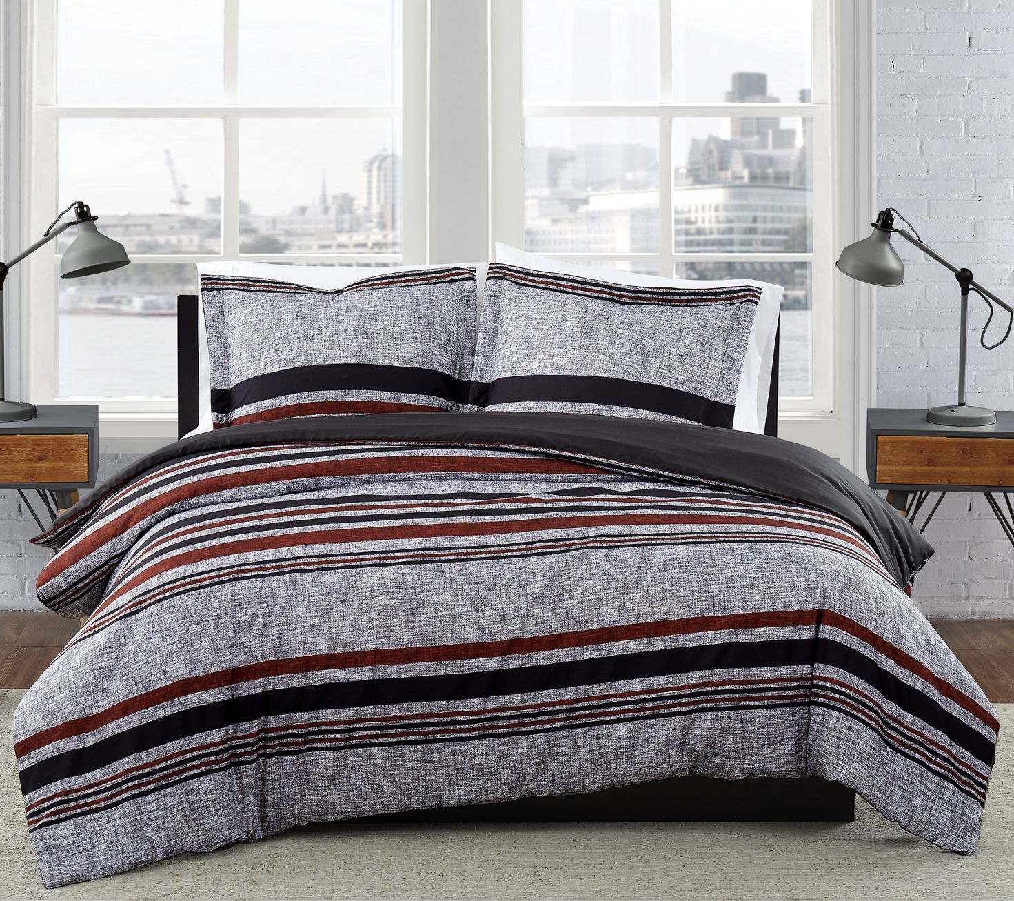 London Fog Warren Stripe Full/Queen 3Piece Comforter Set