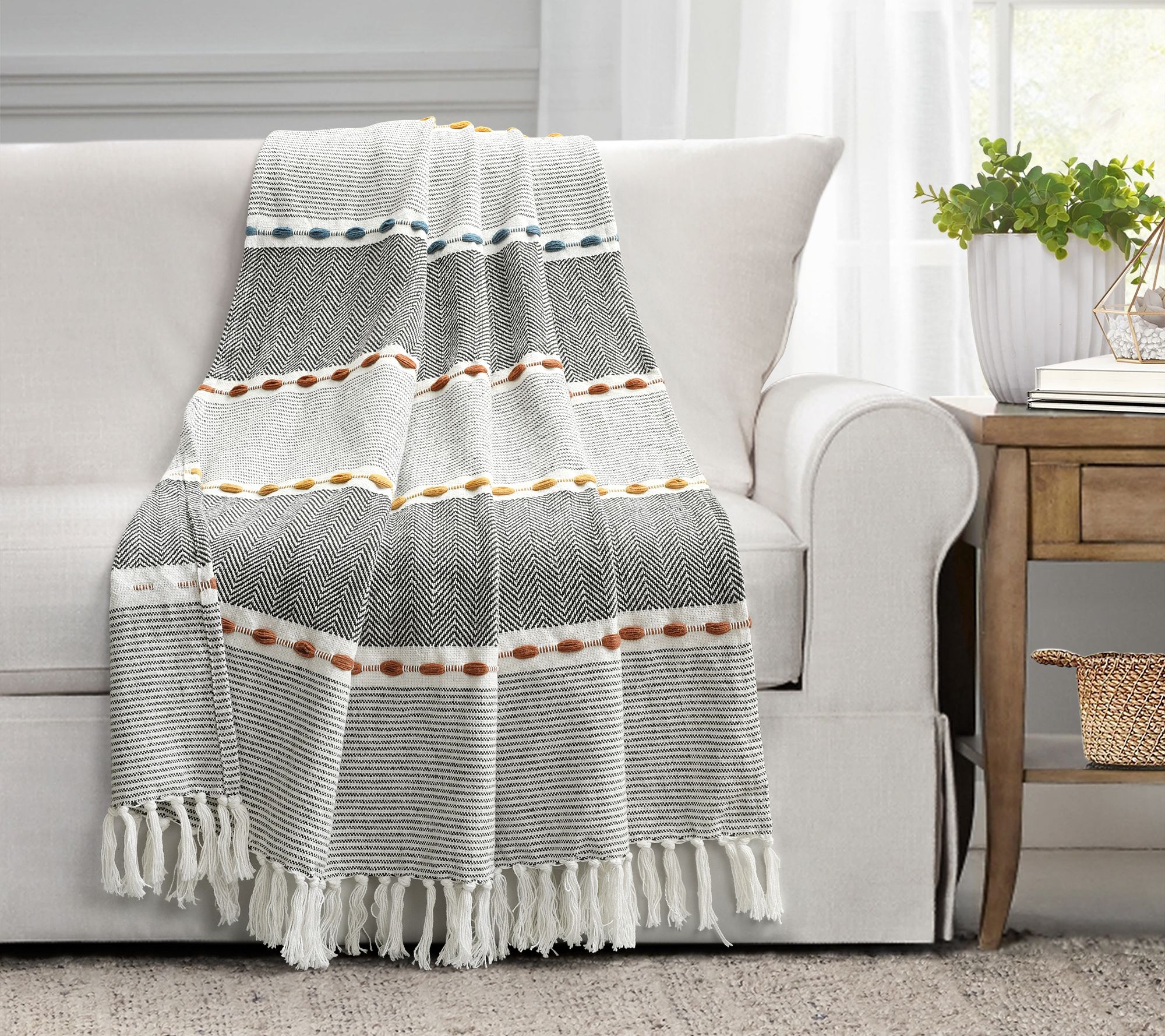 Lush Decor Herringbone Stripe Yarn Dyed Cotton Woven Tassel Throw, 50" x 60" - Black
