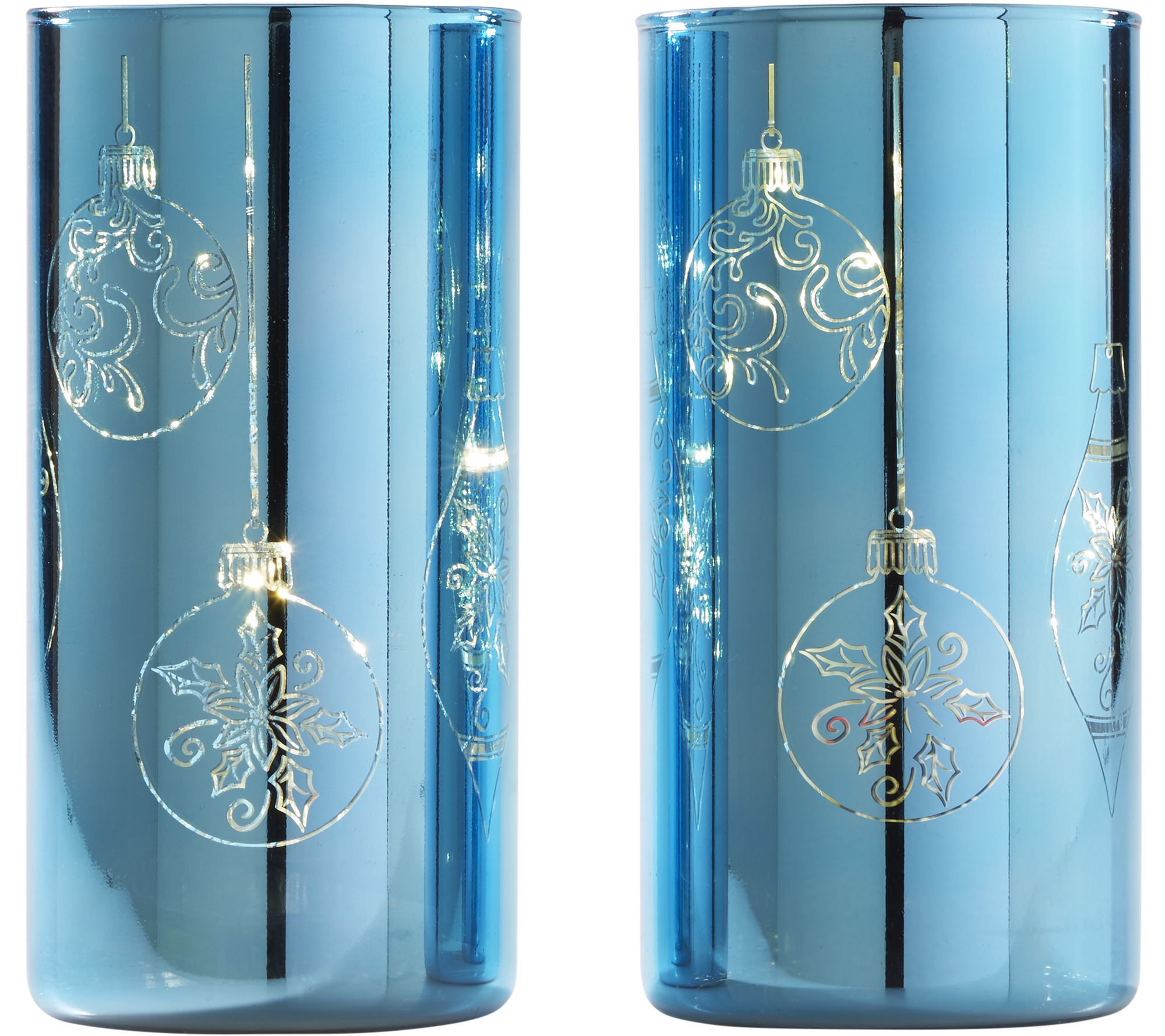 Set of (2) 8" Etched Mercury Glass Pillars w/ Microlights by Valerie