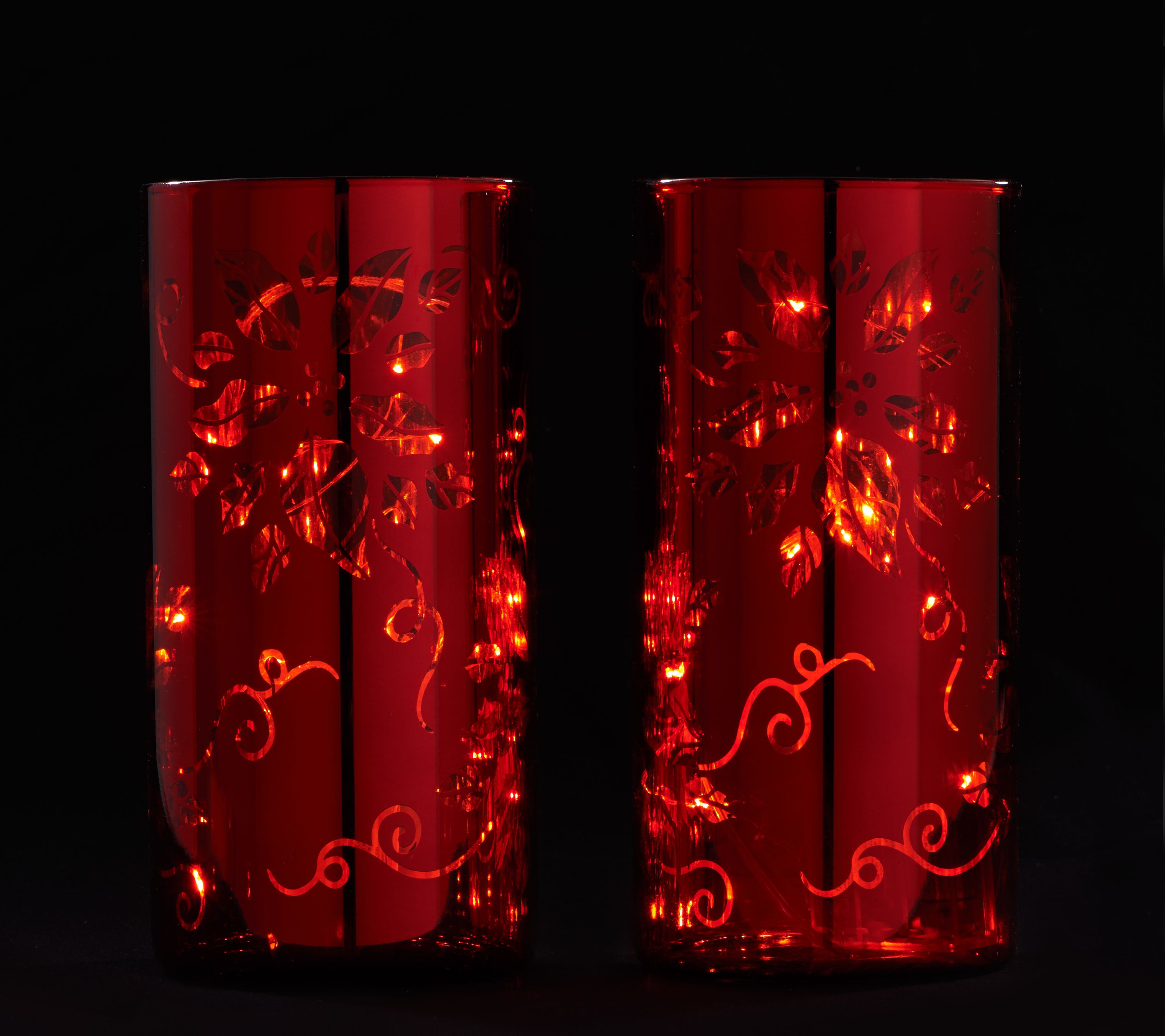 Set of (2) 8" Etched Mercury Glass Pillars w/ Microlights by Valerie