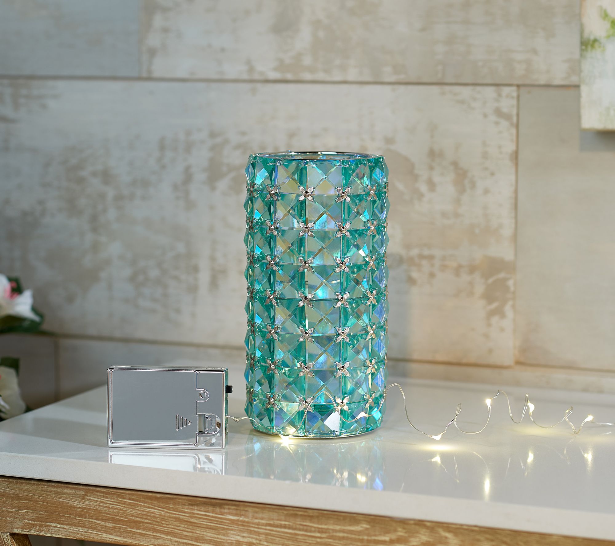 Illuminated Iridescent Faceted Glass Hurricane by Valerie