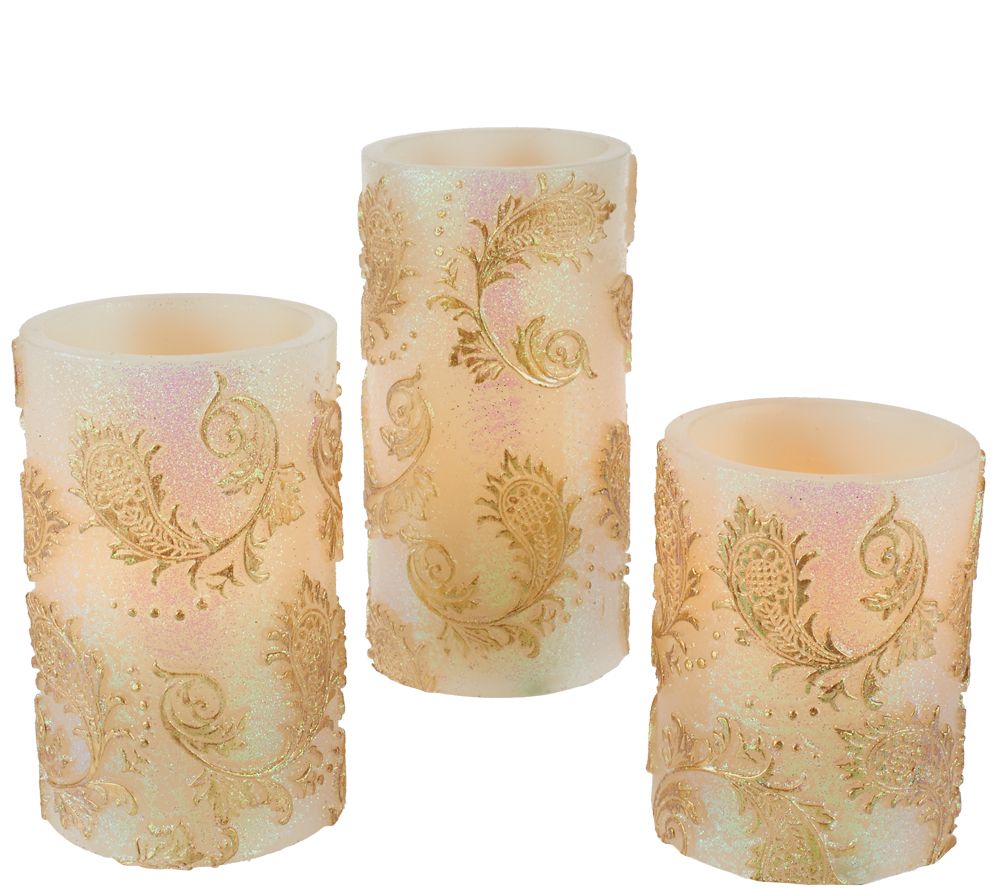 Set of 3 Embossed Flameless Candle Pillars by Valerie - Page 1 — QVC.com