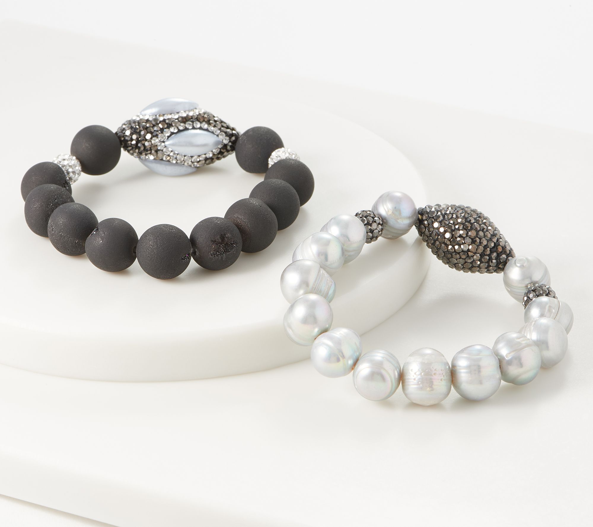 Susan Graver Set of 2 Cultured Pearl & Crystal Bracelets