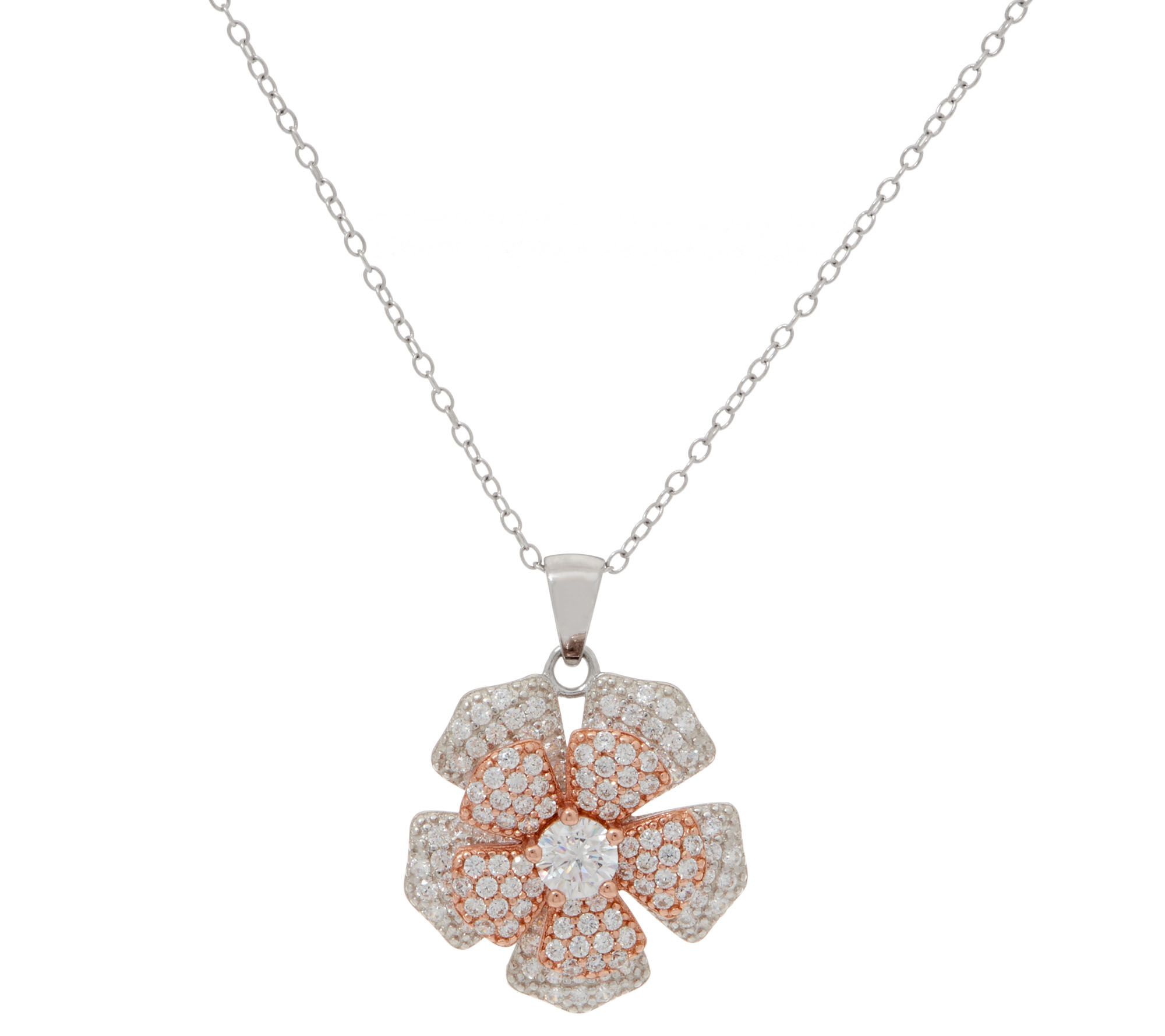Diamonique Spinning Flower Pendant with Chain Sterling Silver