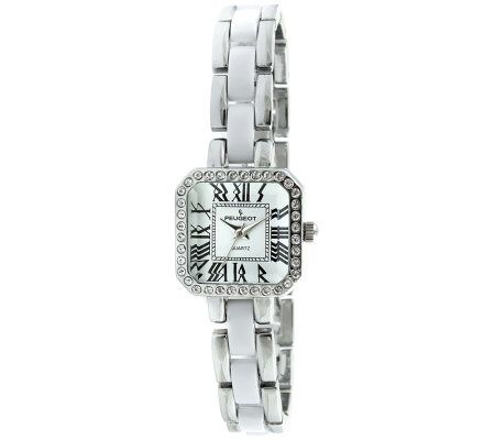 Peugeot Womens Square Silvertone White Acrylic Watch