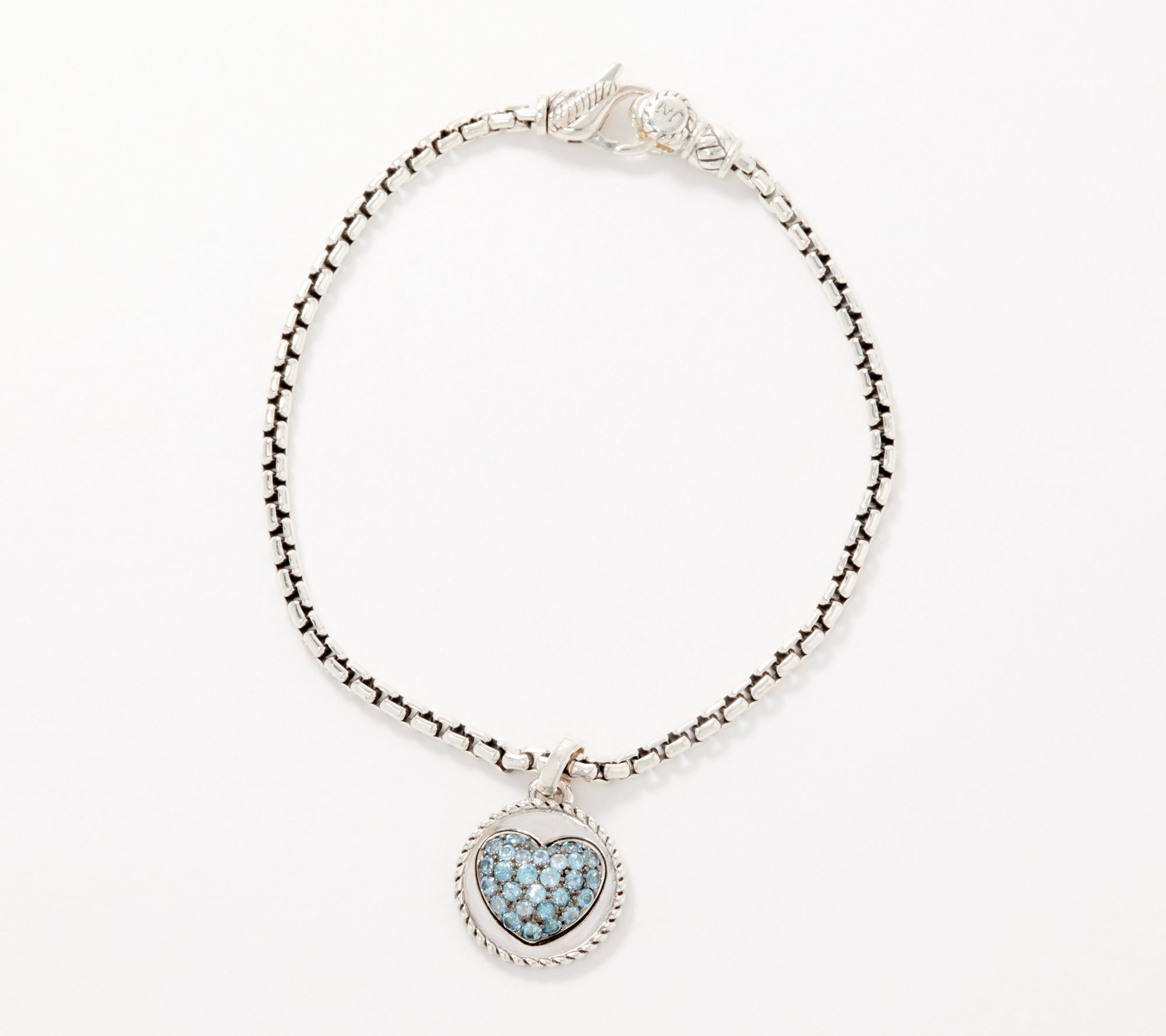 JAI Sterling Silver Gem Heart Charm Box Chain Bracelet