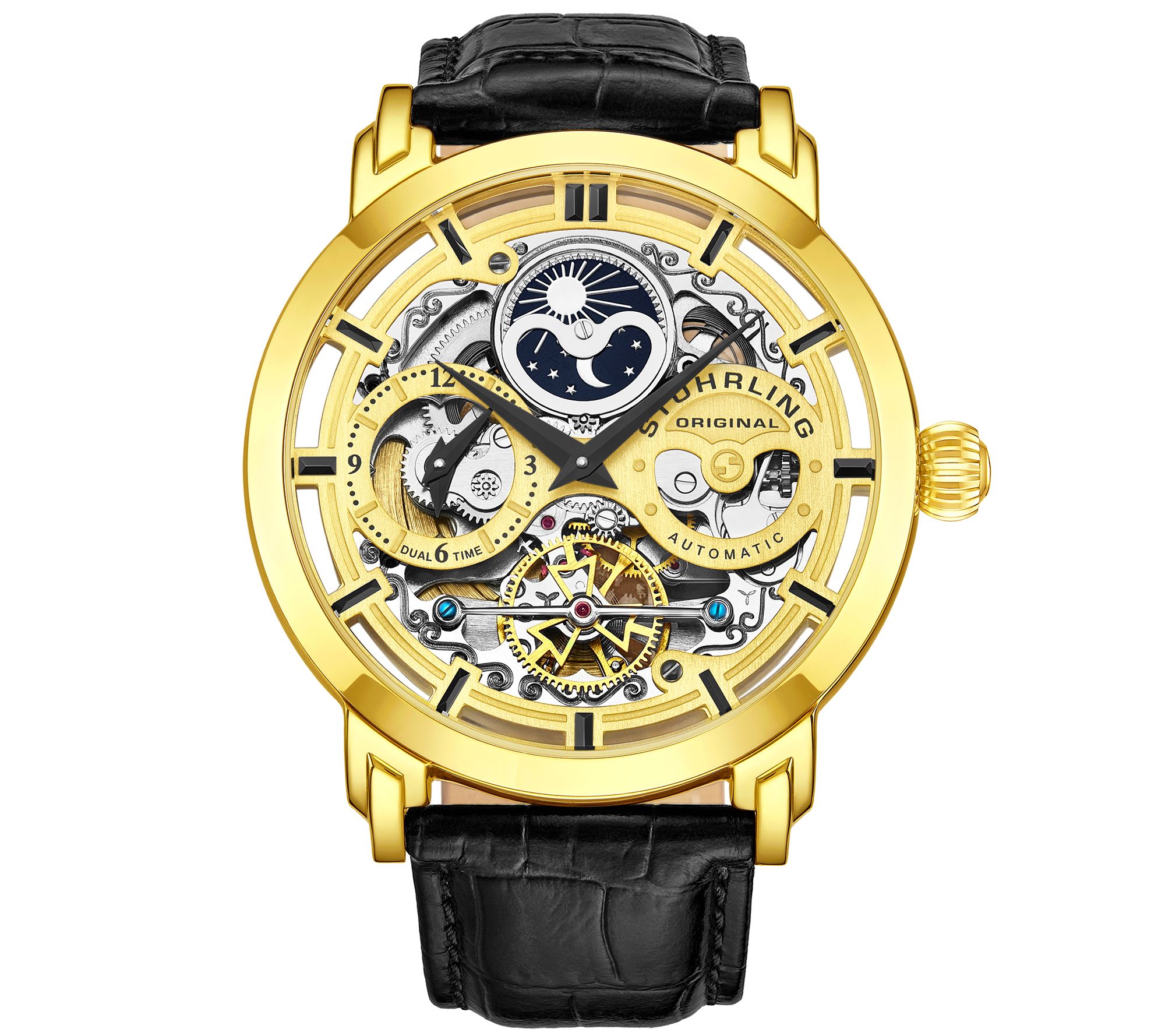 Stuhrling Mens Anatol Goldtone Stainless Skele ton Watch