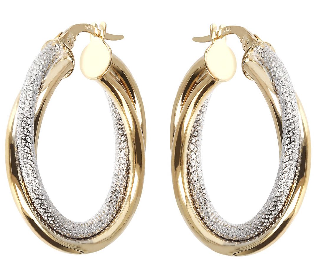 Italian Gold 1" Round Two Tone Twisted Hoop Earrings, 14K