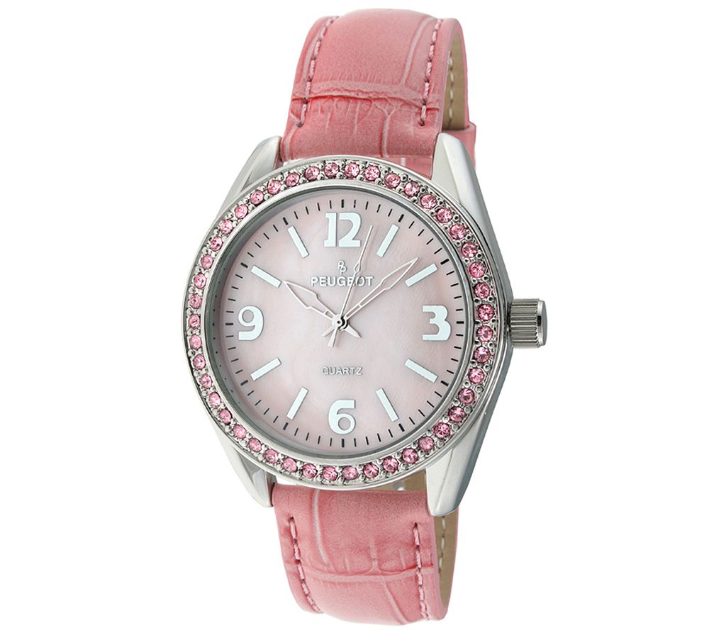 Peugeot Ladies Crystal Bezel Croco-Embossed Str ap Watch