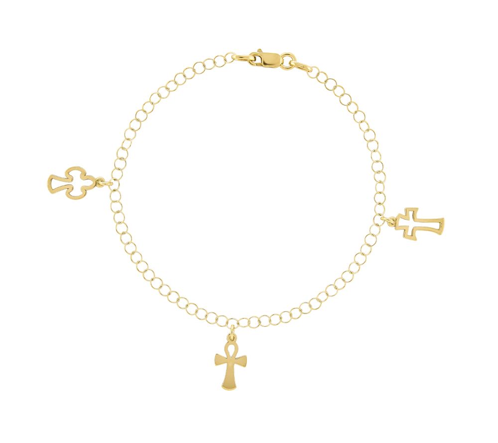 Multi-Cross Charm 7-1/2 Bracelet, 14K Gold