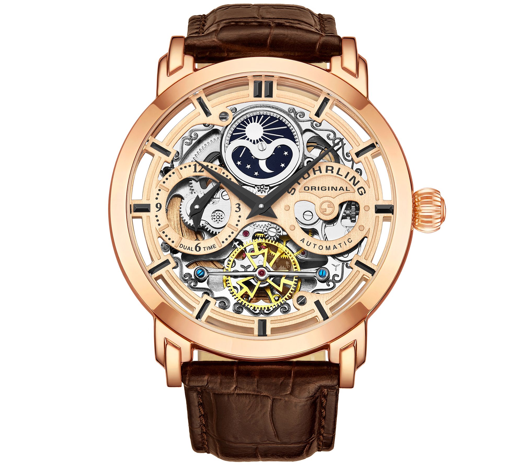 Stuhrling Mens Anatol Rosetone Stainless Skele ton Watch