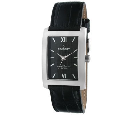 Peugeot Mens Silvertone Black Leather Strap Wa tch