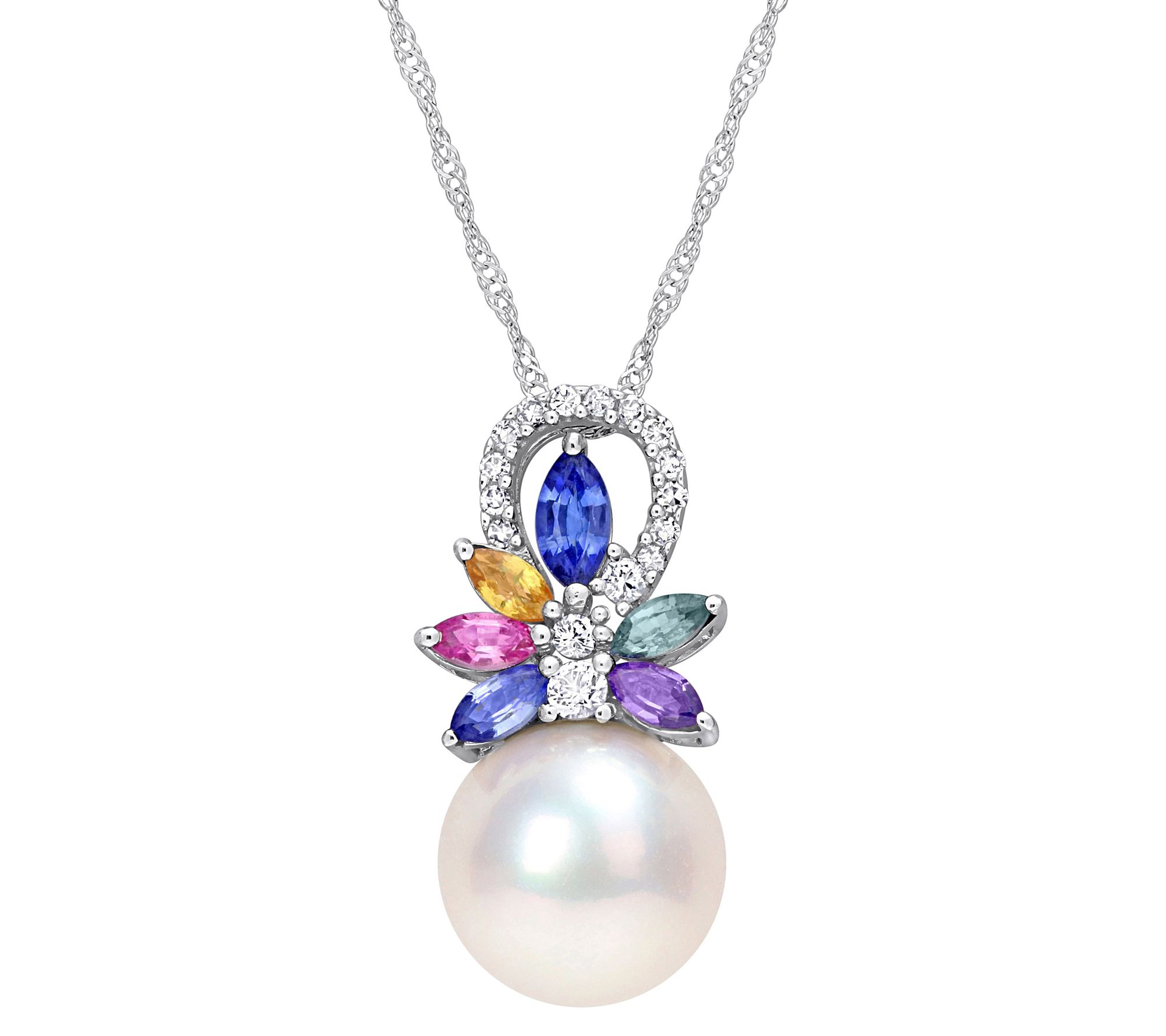Bellini Pearl, Sapphire & Diamond Pendant w/ Ch ain, 14K Gold