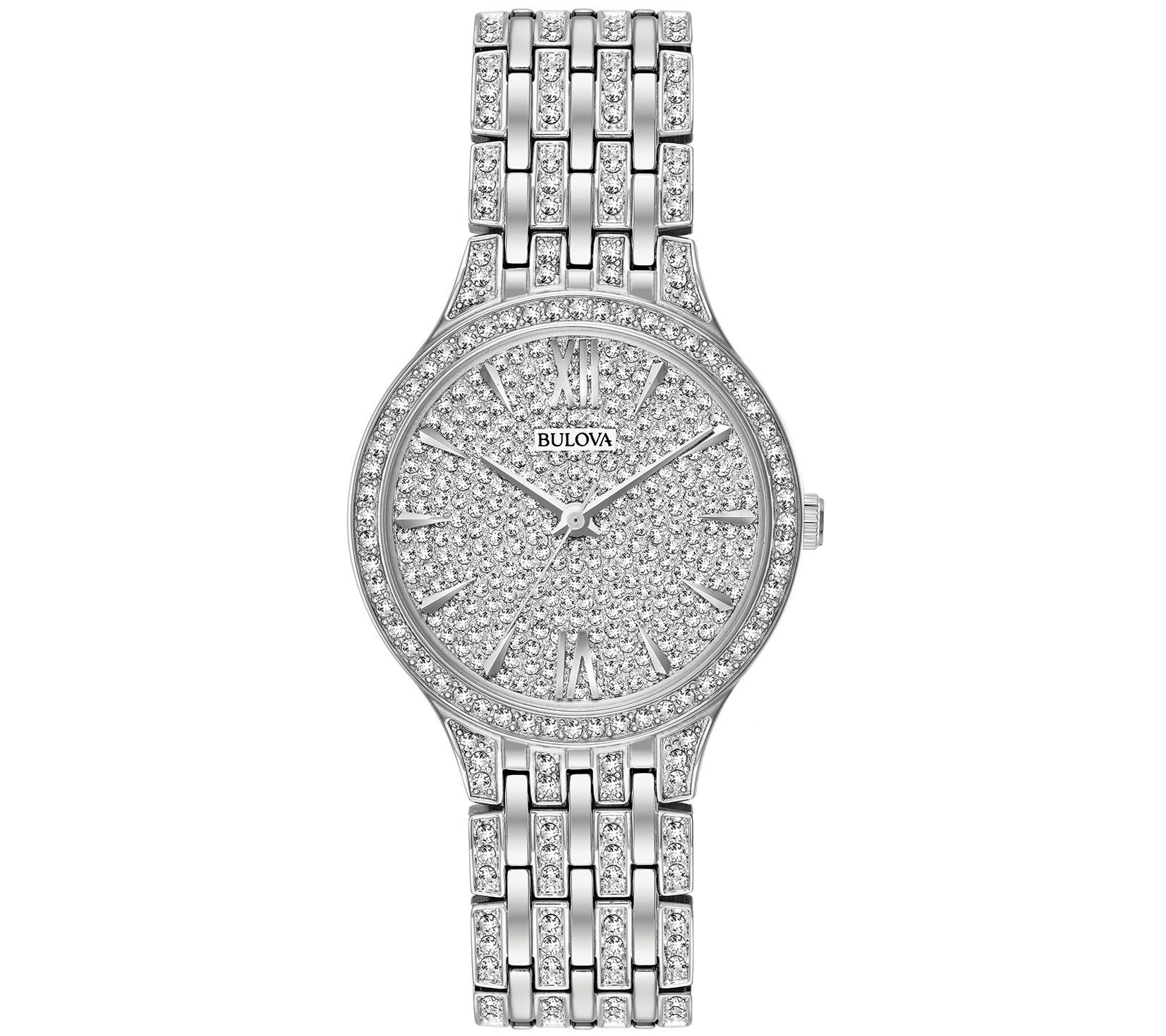 Bulova Womens Stainless Crystal Watch with Rou nd Pave Dial