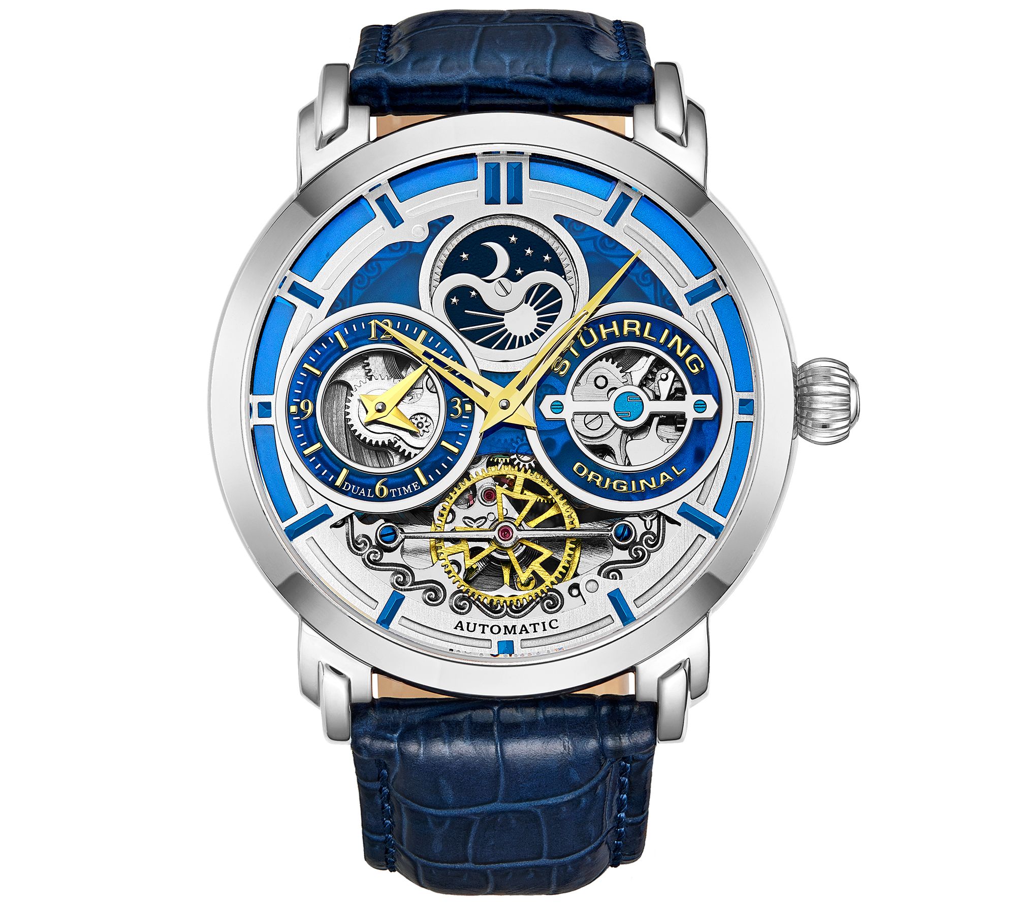 Stuhrling Mens Luciano Skeleton Watch w/ Blue Leather Strap