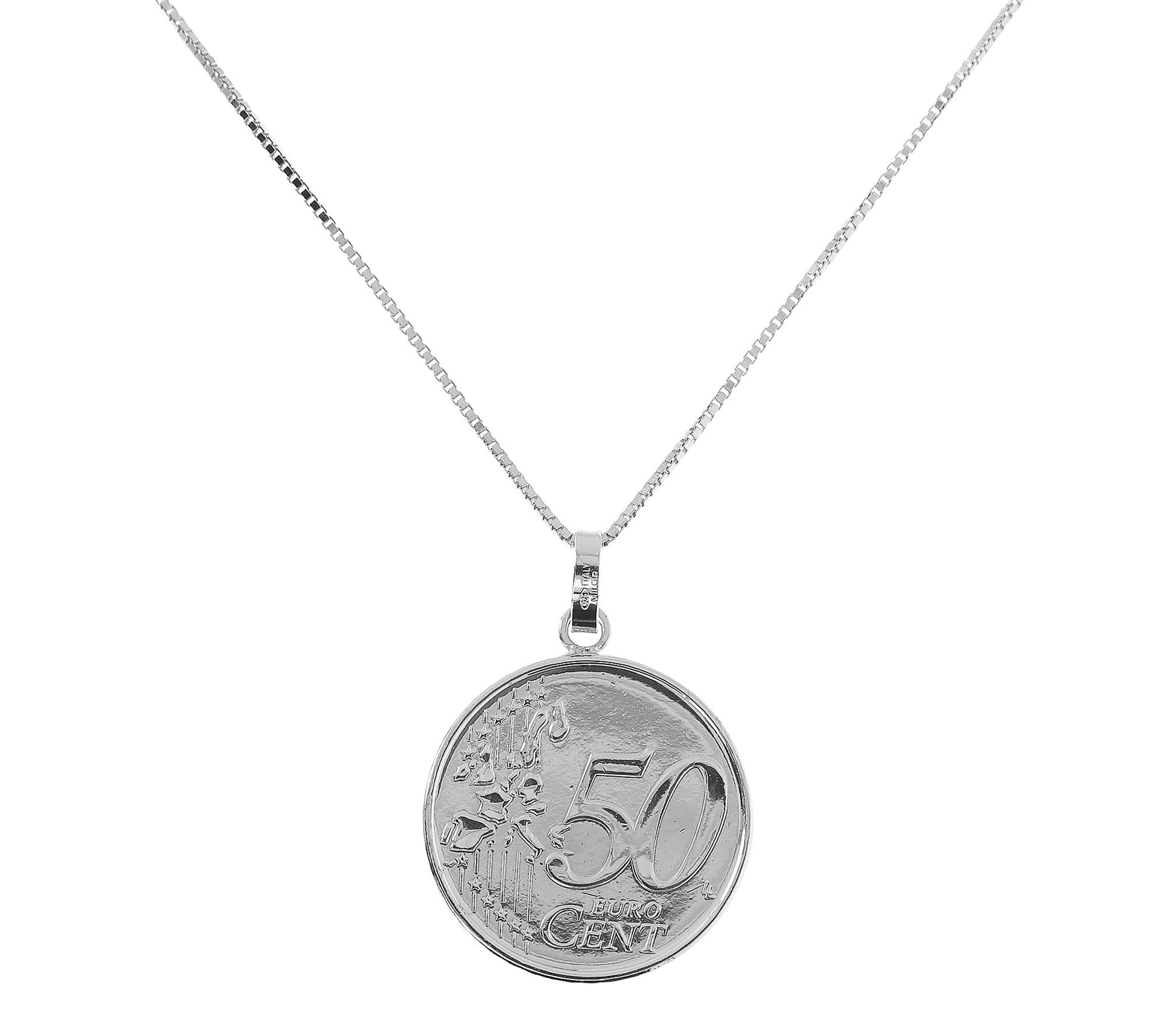 Italian Silver 50 Euro Coin Pendant w/ Chain, Sterling