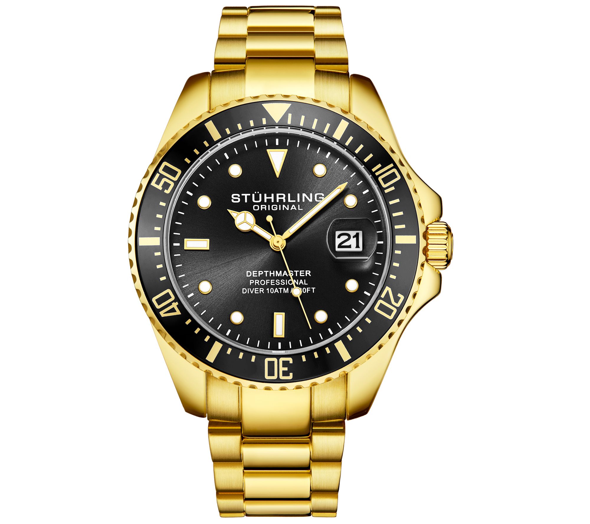Stuhrling Mens Aquadiver Black Dial Goldtone D ive Watch