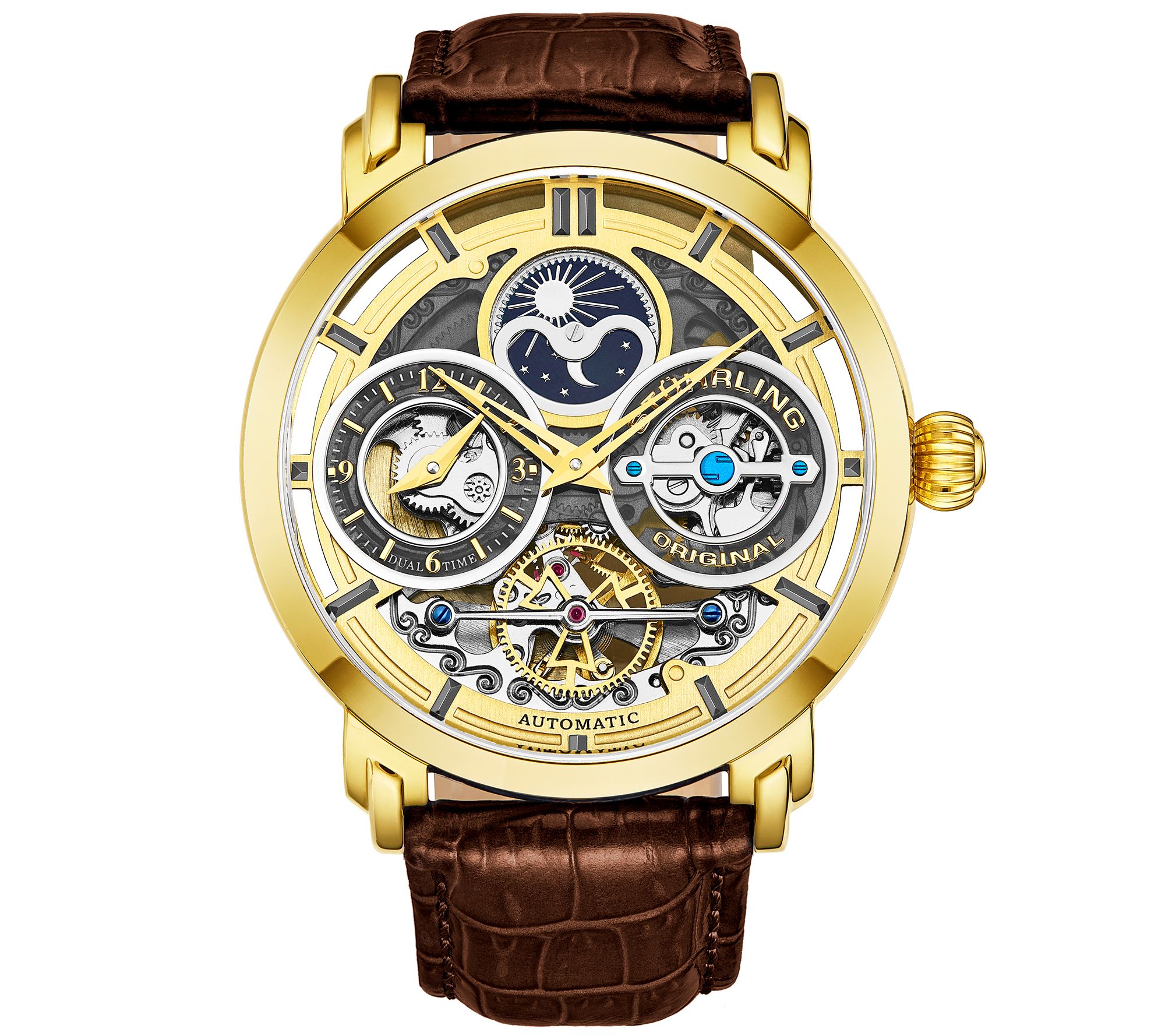 Stuhrling Mens Goldtone Luciano Skeleton Watch , Leather Stra