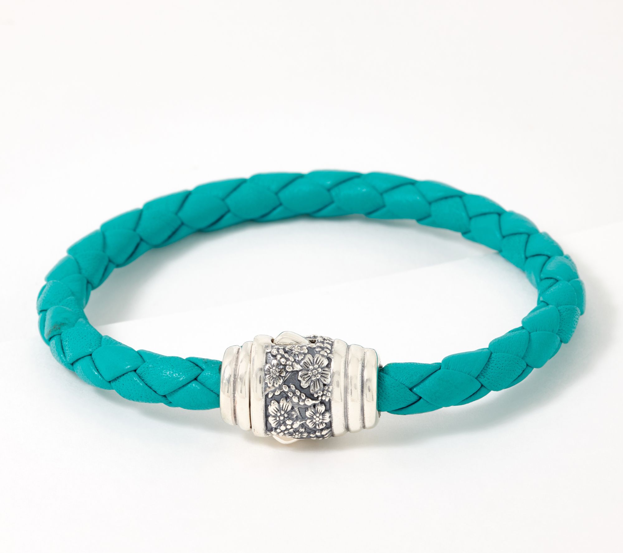 JAI Sterling Silver Woven Leather Cherry Blossom Bracele