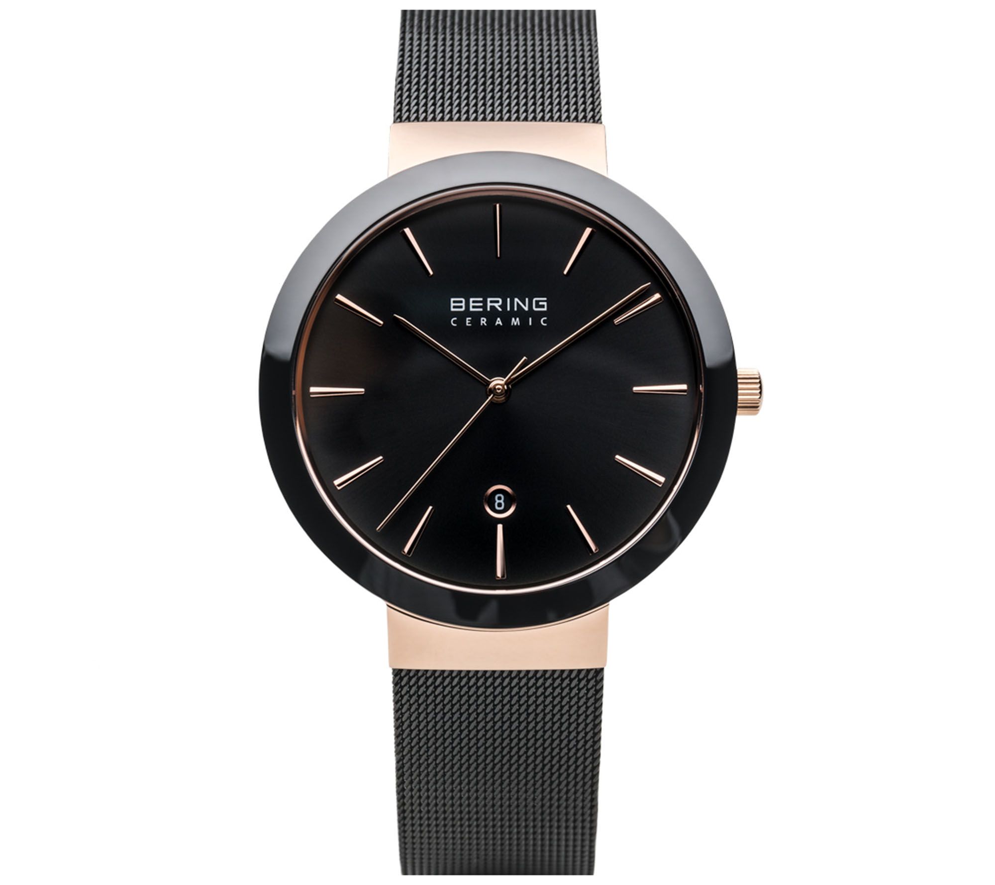 Bering Womens Rosetone & Ceramic Bezel Mesh Br acelet Watch