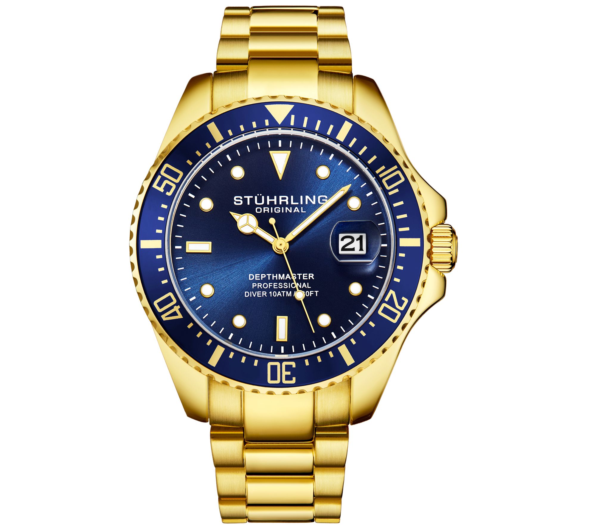 Stuhrling Mens Aquadiver Blue Dial Goldtone Di ve Watch