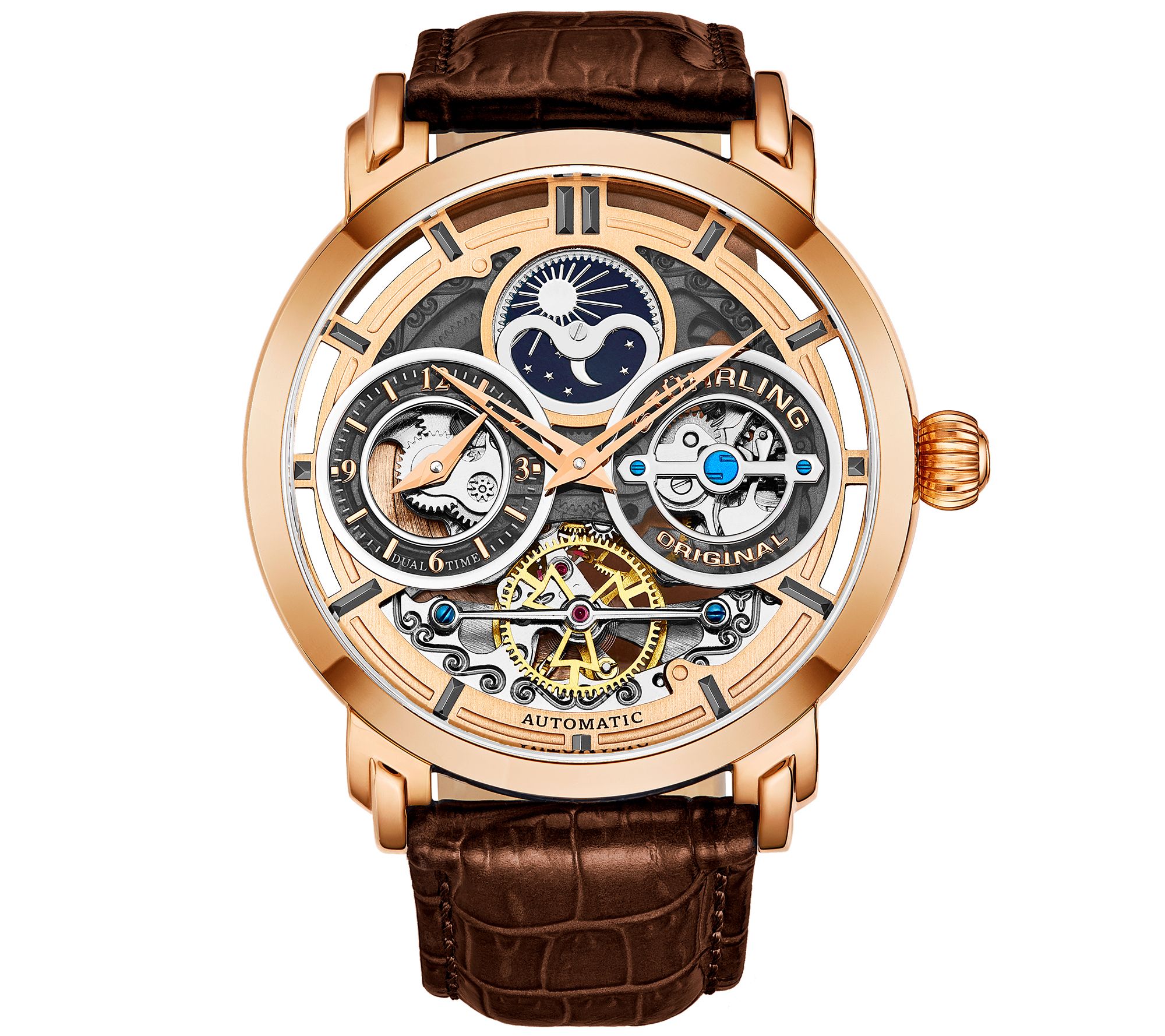 Stuhrling Mens Rosetone Luciano Skeleton Watch , Leather Stra