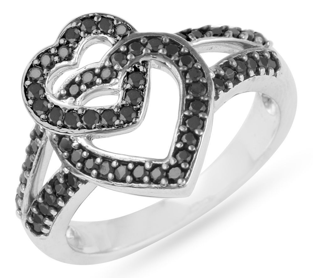 Sterling Silver Black Spinel Double Heart Ring