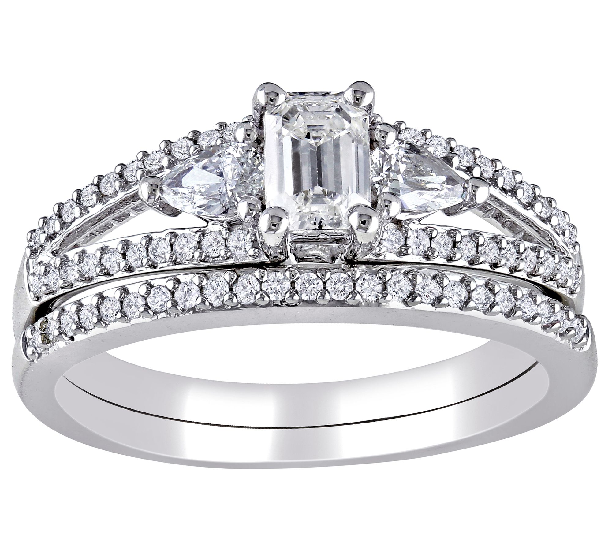 Affinity 1cttw Emerald, Round, & Pear Diamond R ing Set, 14K