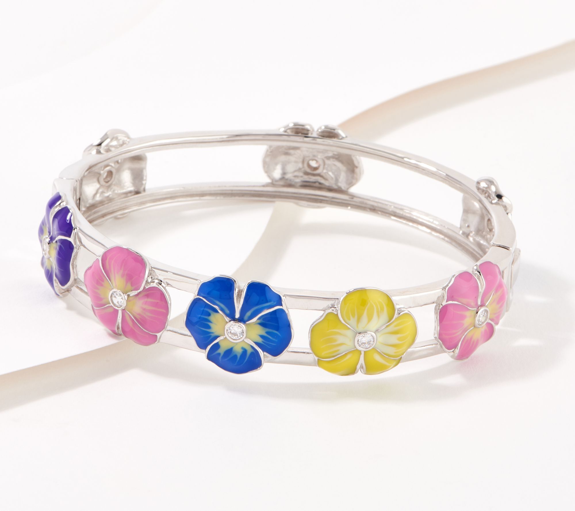 Diamonique Pansy Enamel Hinge Bangle Bracelet, Sterling Silver