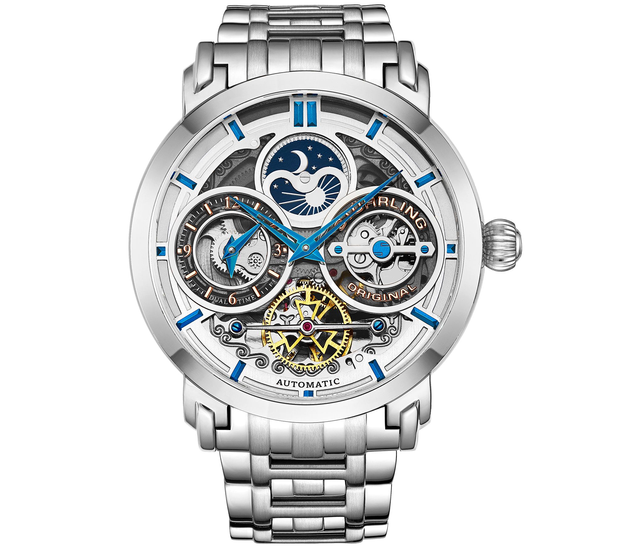 Stuhrling Mens Luciano Skeleton Bracelet Watch w/ Link Strap