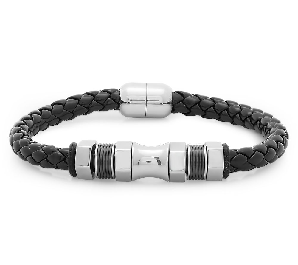 Steel by Design Men's Stainless Steel Black Leather Bracelet