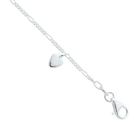 Sterling 10 Polished Dangling Hearts on Figaro Anklet