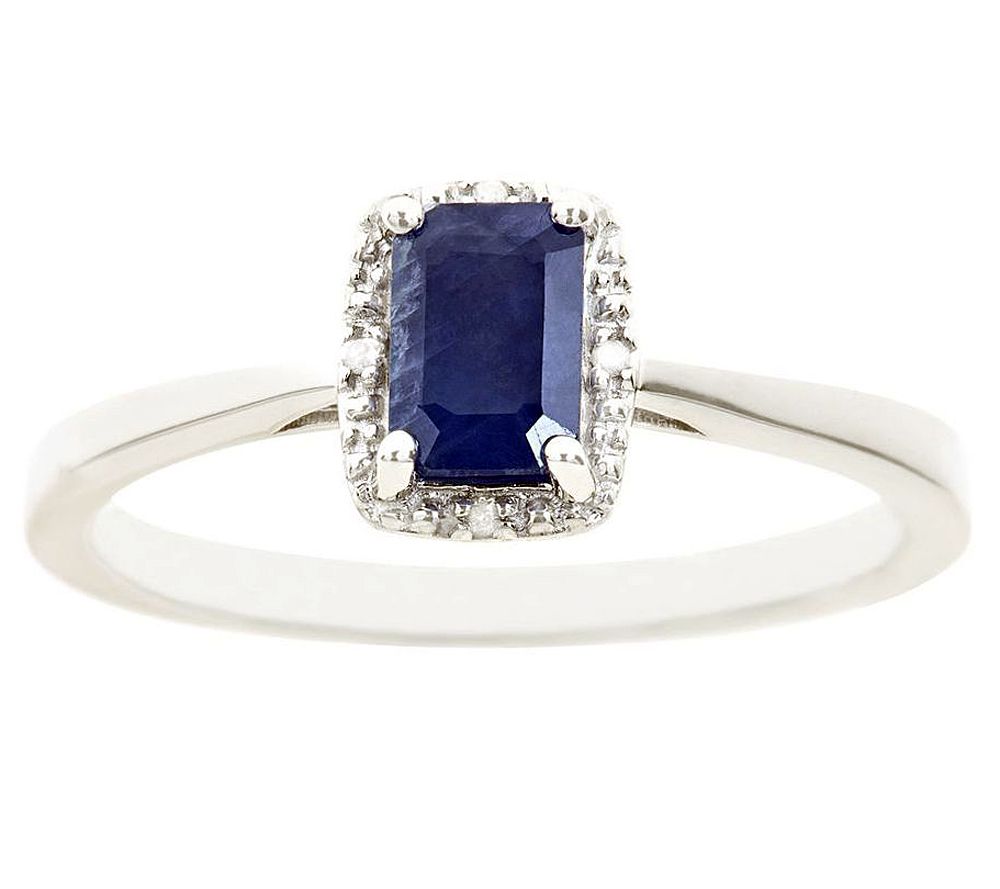 Sterling Emerald-Shaped Gemstone Ring with Diam ond Accent
