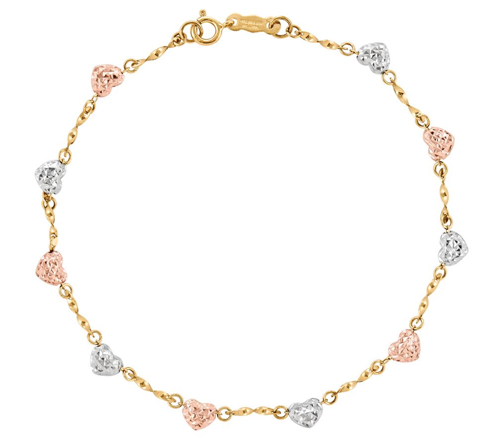 Tri-Color Diamond Cut Heart 7 Bracelet, 14 K G old