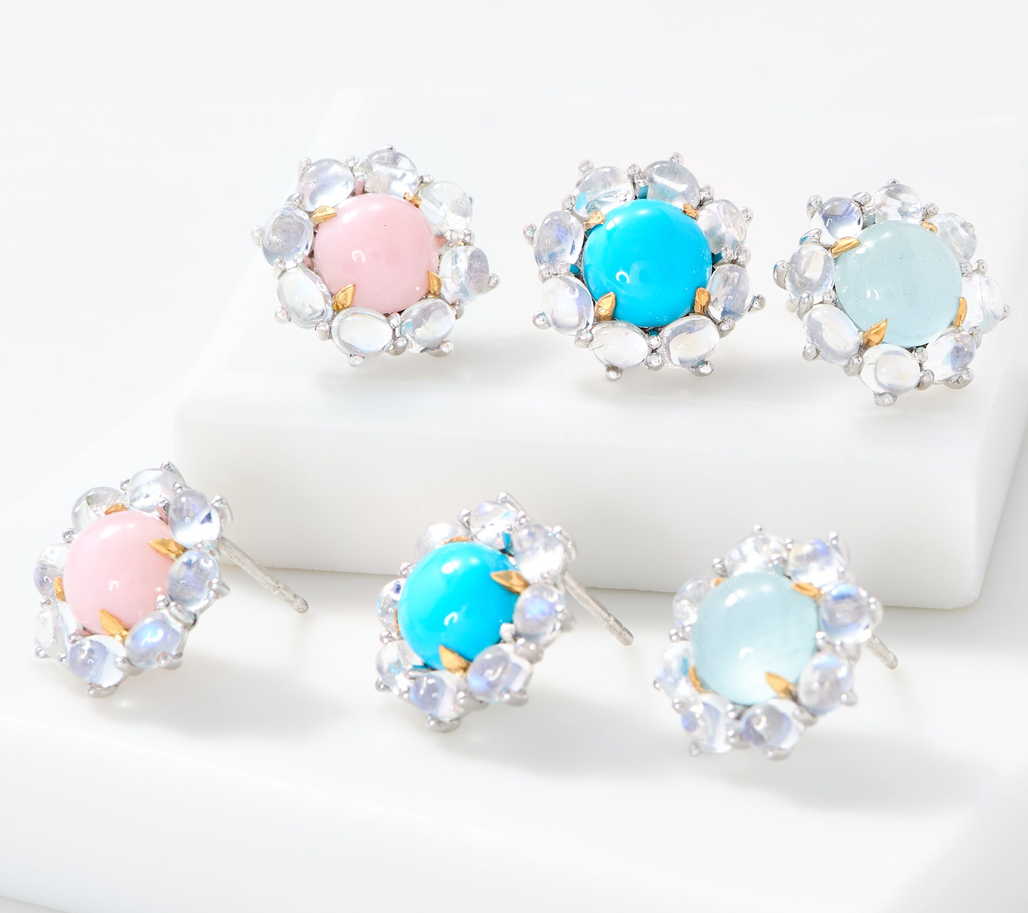 Gemstone & Moonstone Stud Earrings, Sterling Silver